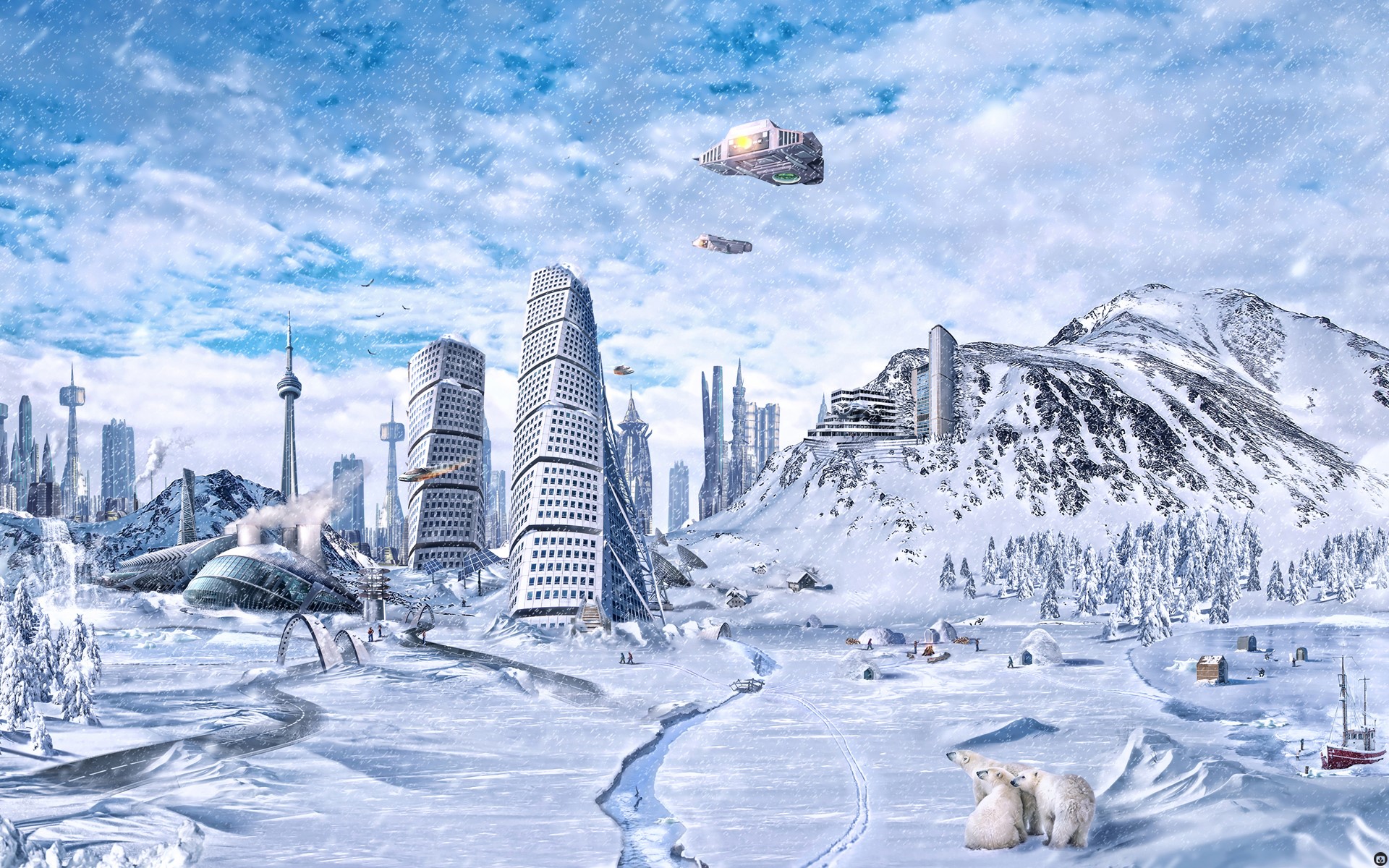 Futuristic city in a snowy landscape with polar bears HD Wallpaper