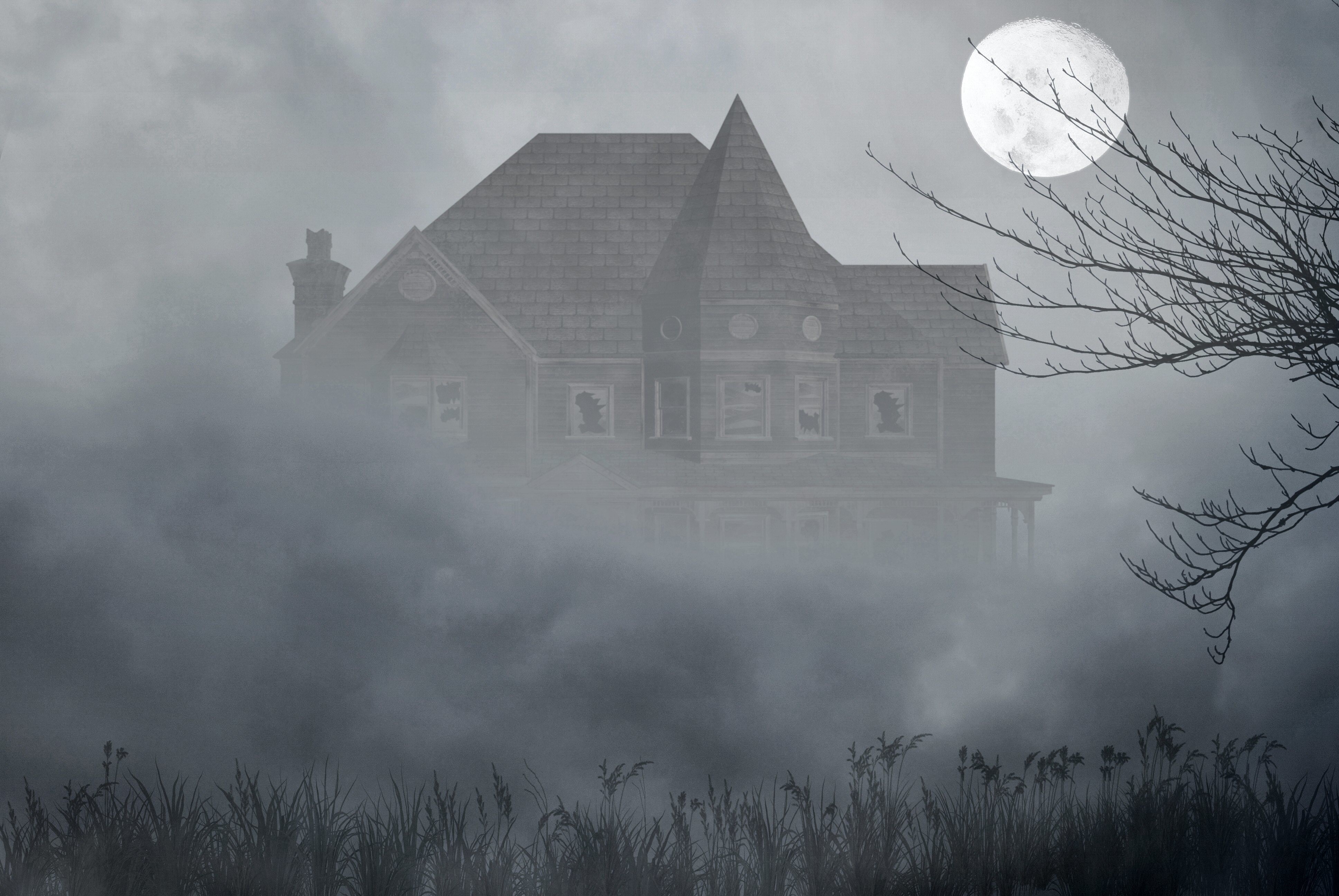 Gothic Fantasy House in Fog with Moon HD Wallpaper