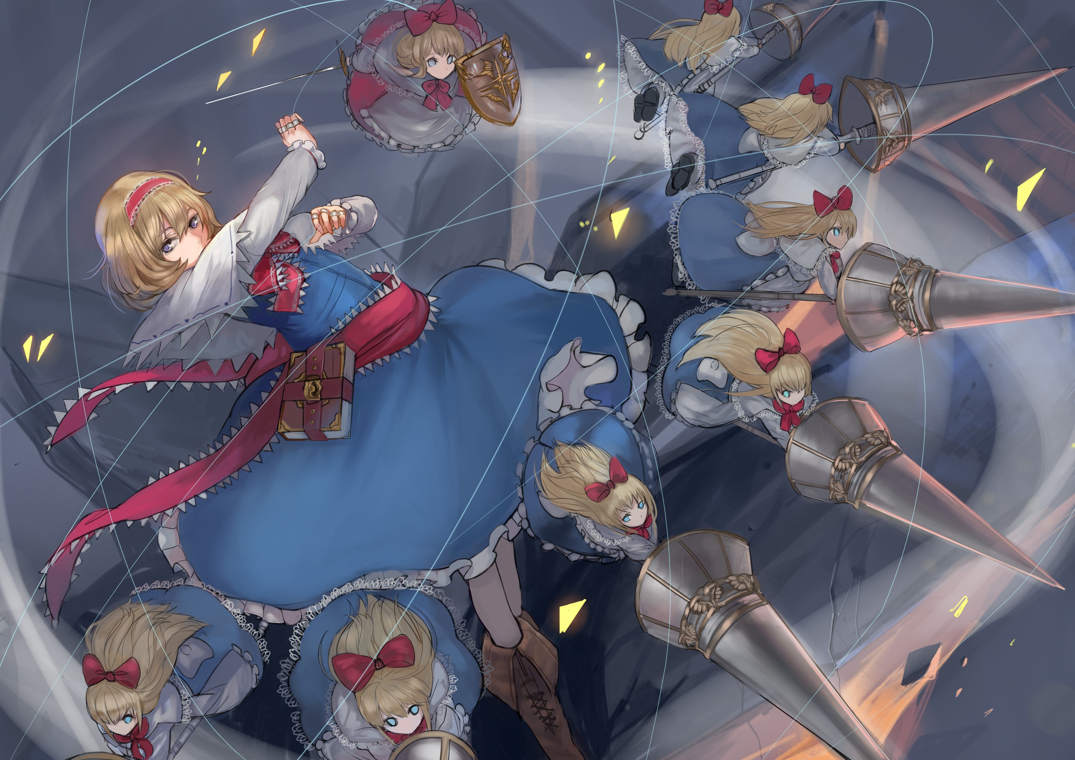 Girl in blue dress with multiple clones and spears HD Wallpaper