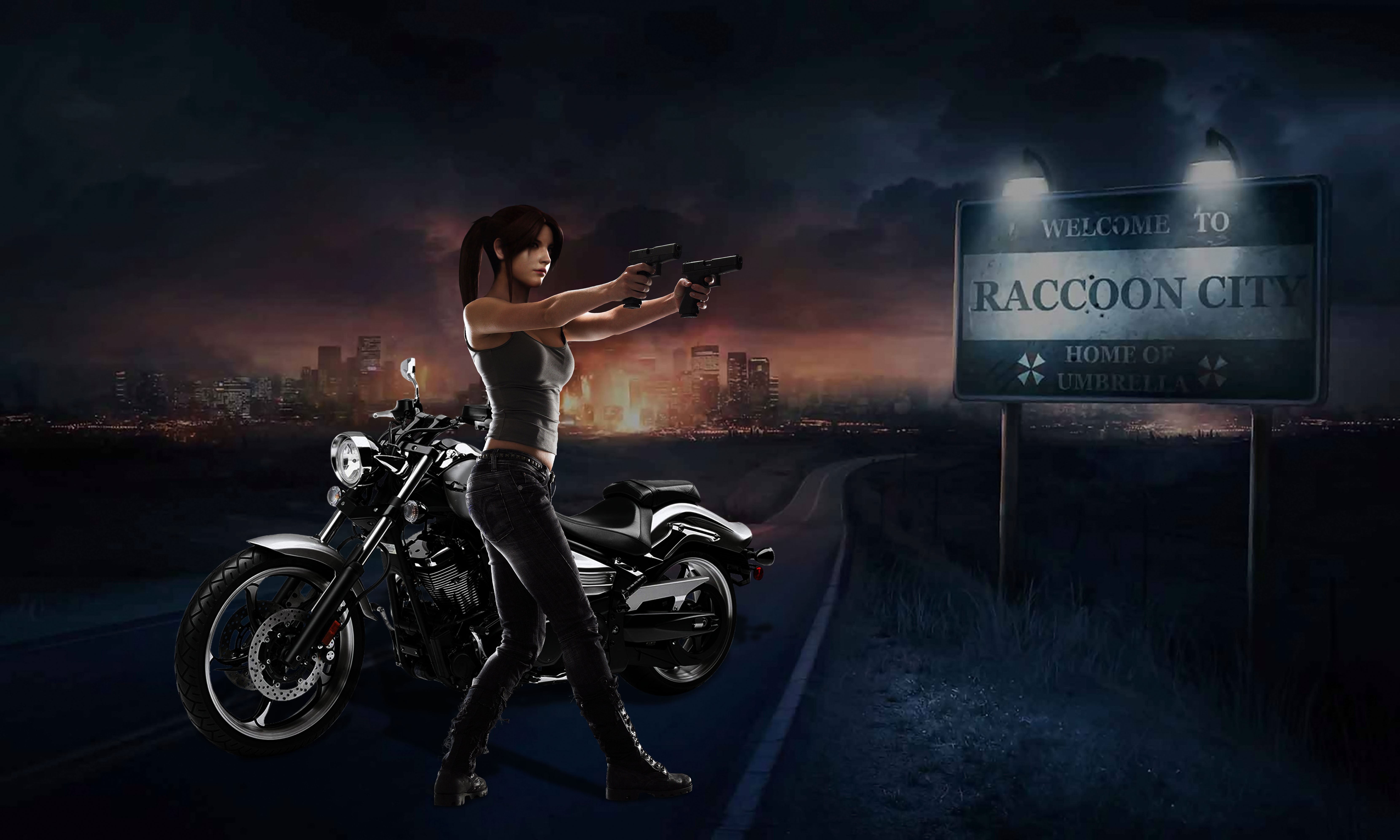 Woman with guns and motorcycle at Raccoon City entrance HD Wallpaper