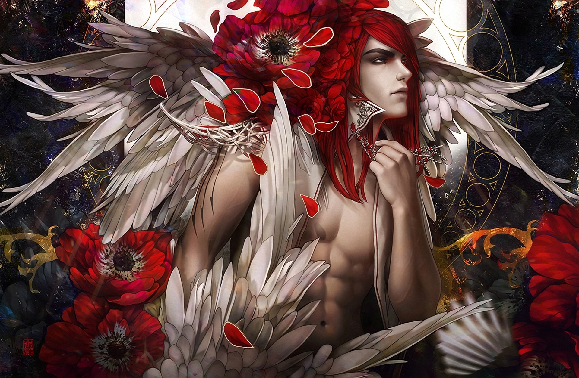 Angel with red hair and white wings surrounded by red flowers HD Wallpaper