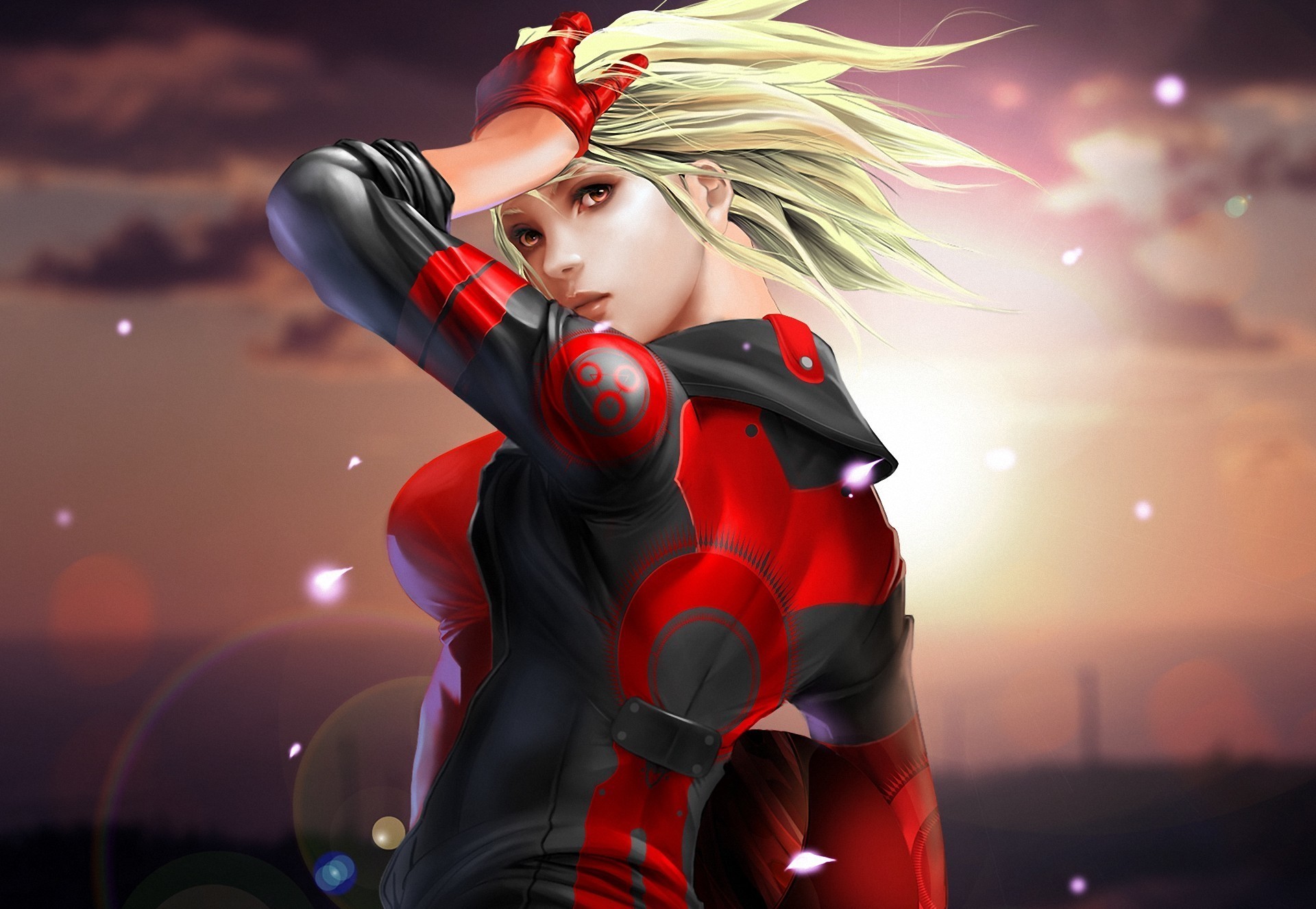 Painting of a blonde woman in a red and black outfit HD Wallpaper