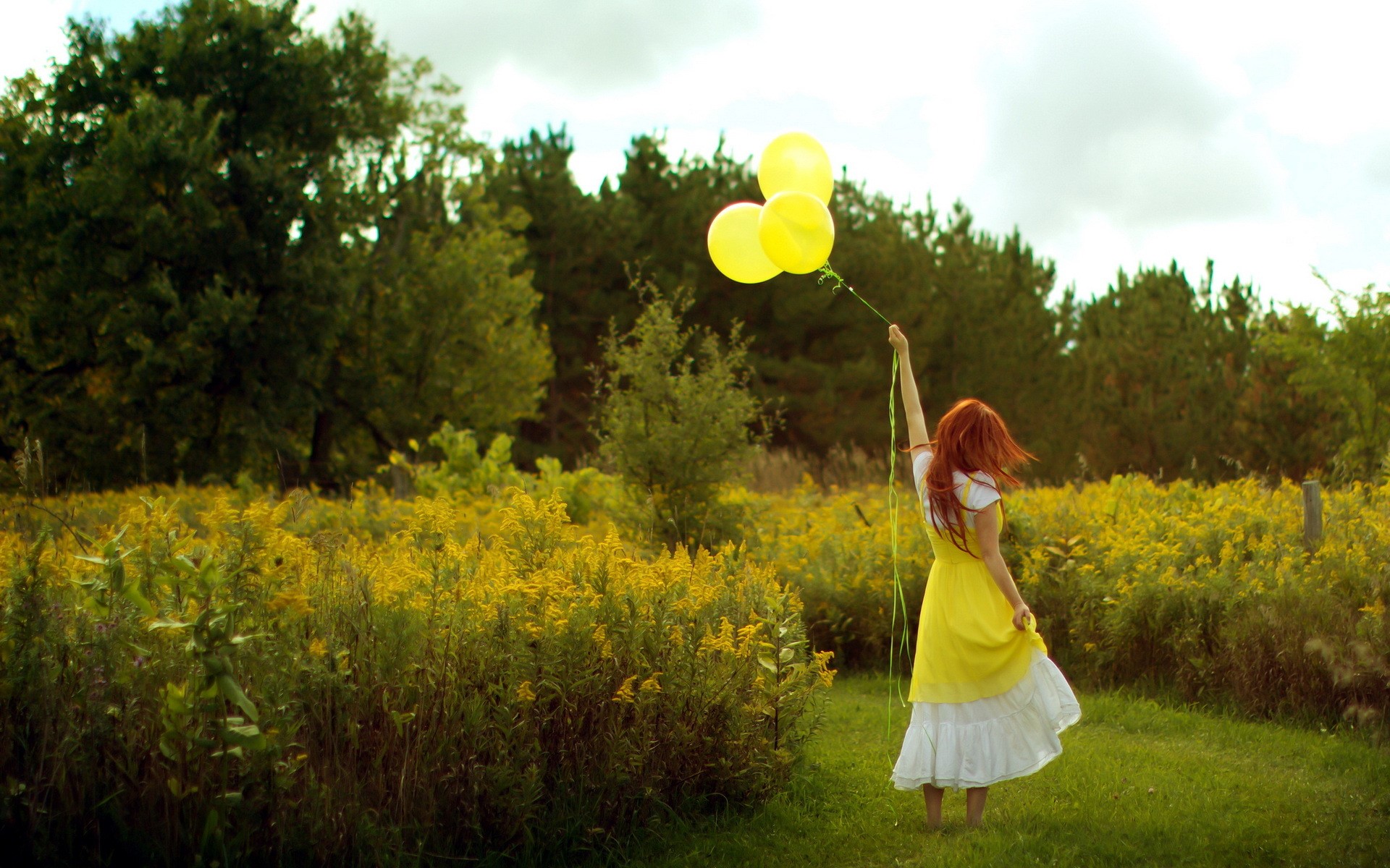 Girl in yellow dress holding balloons in a field HD Wallpaper