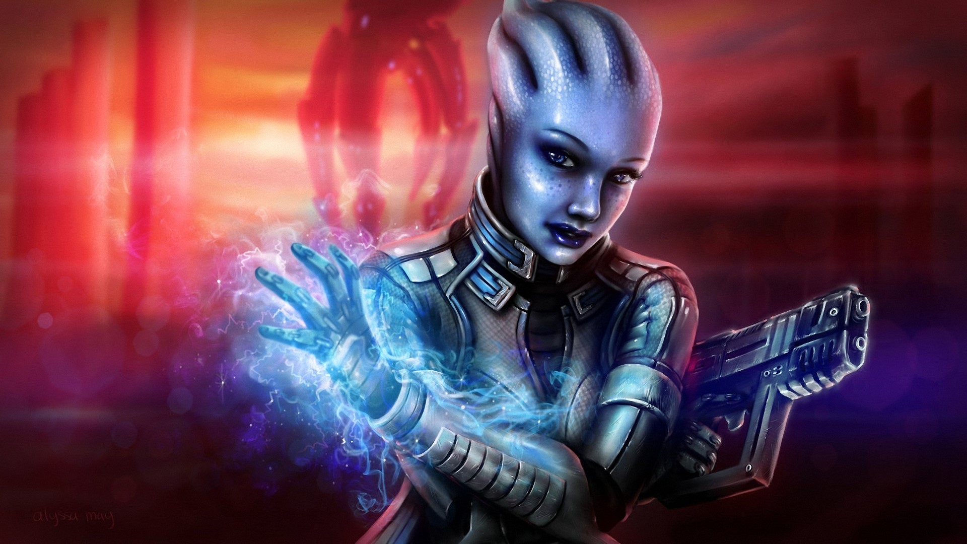 Liara T'Soni from Mass Effect with energy powers and pistol HD Wallpaper