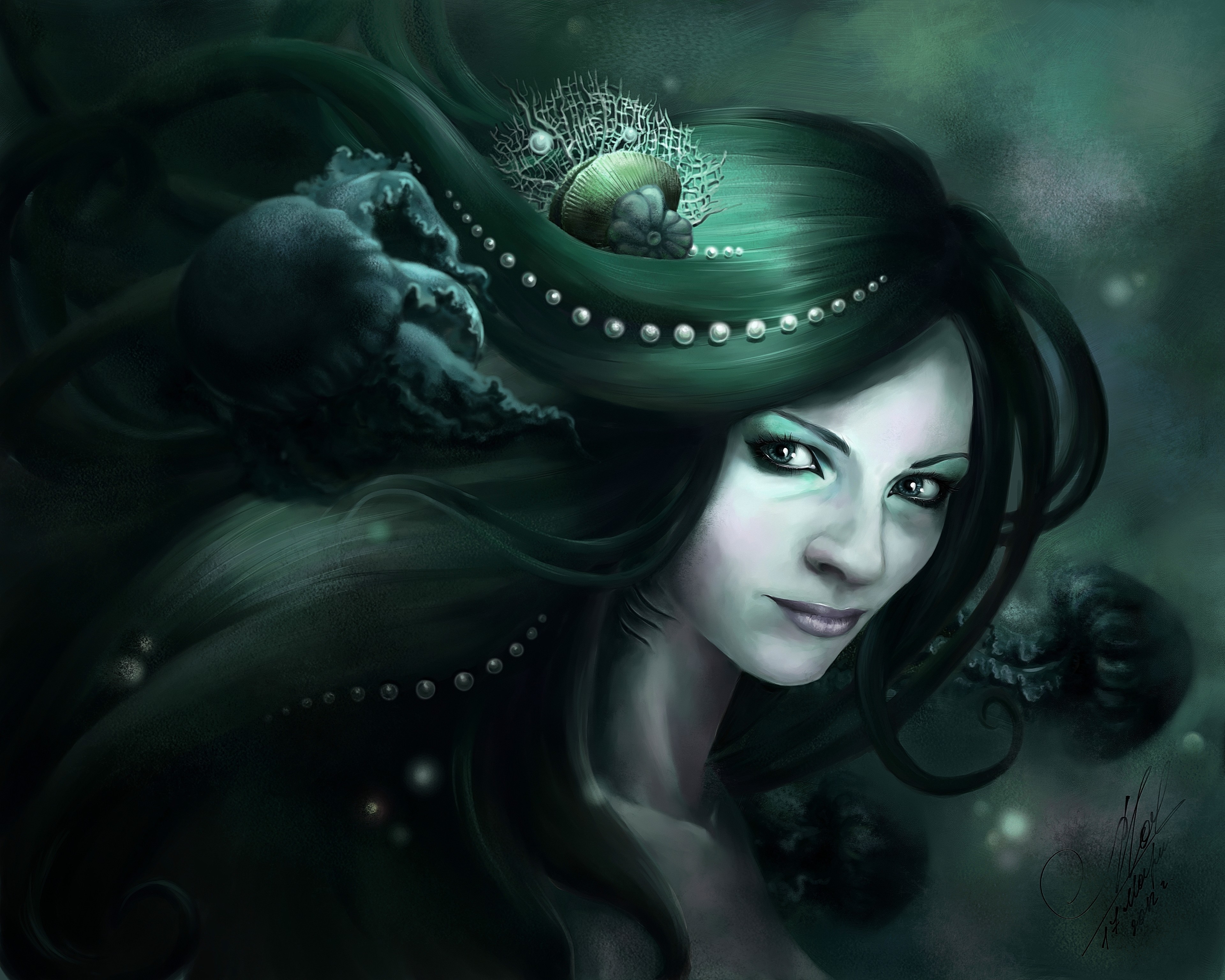 Mermaid with jellyfish and pearls HD Wallpaper