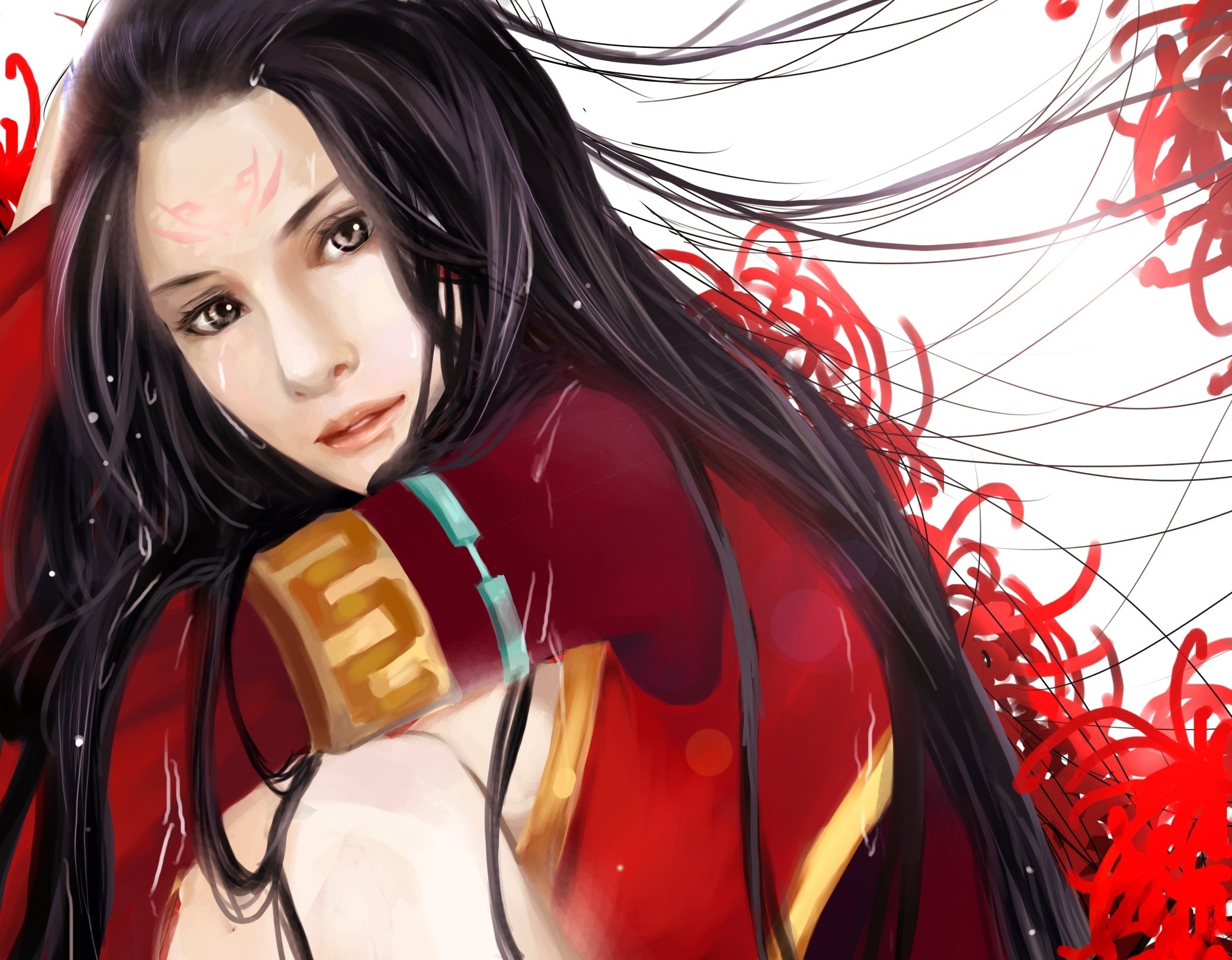 Brunette girl with red flowers HD Wallpaper