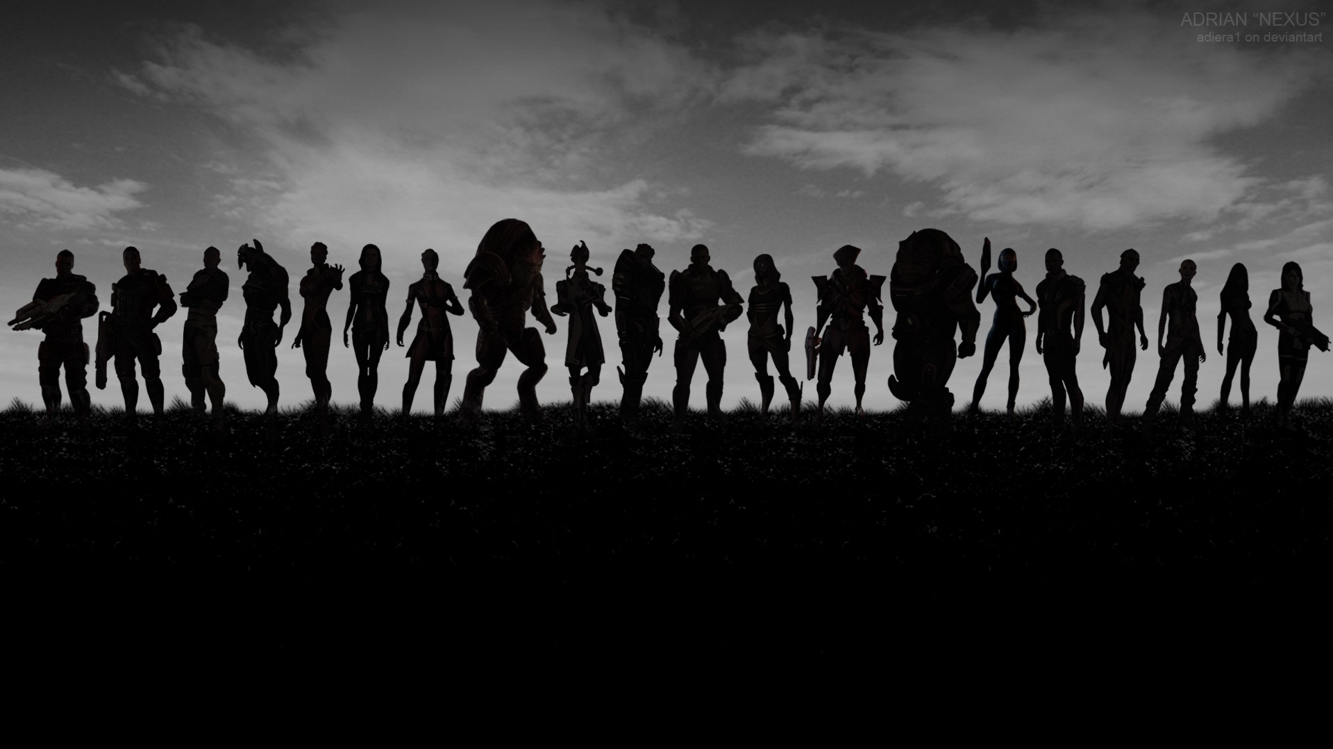 Mass Effect characters silhouetted against the sky HD Wallpaper