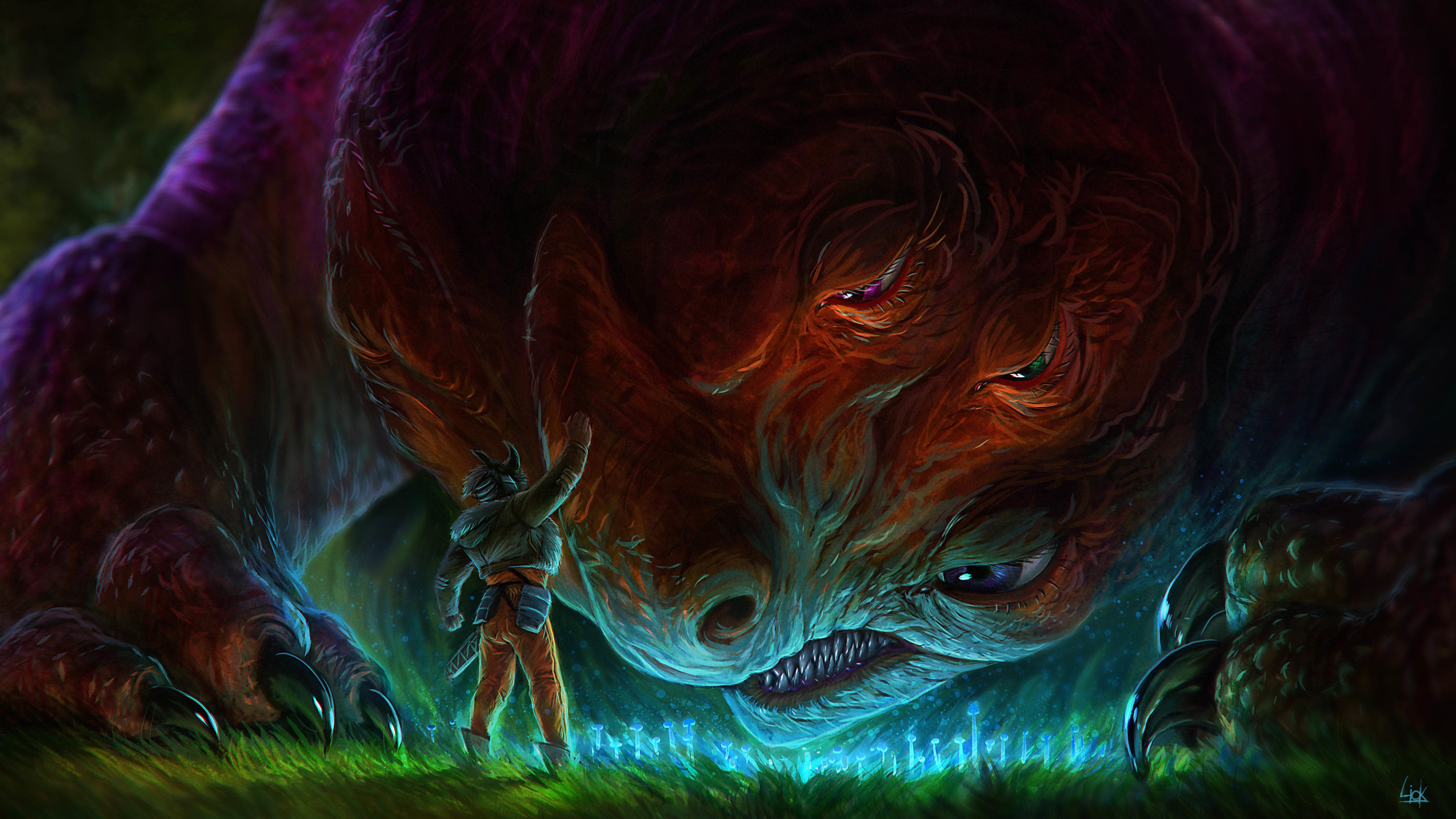 Monster and warrior in a mystical forest HD Wallpaper