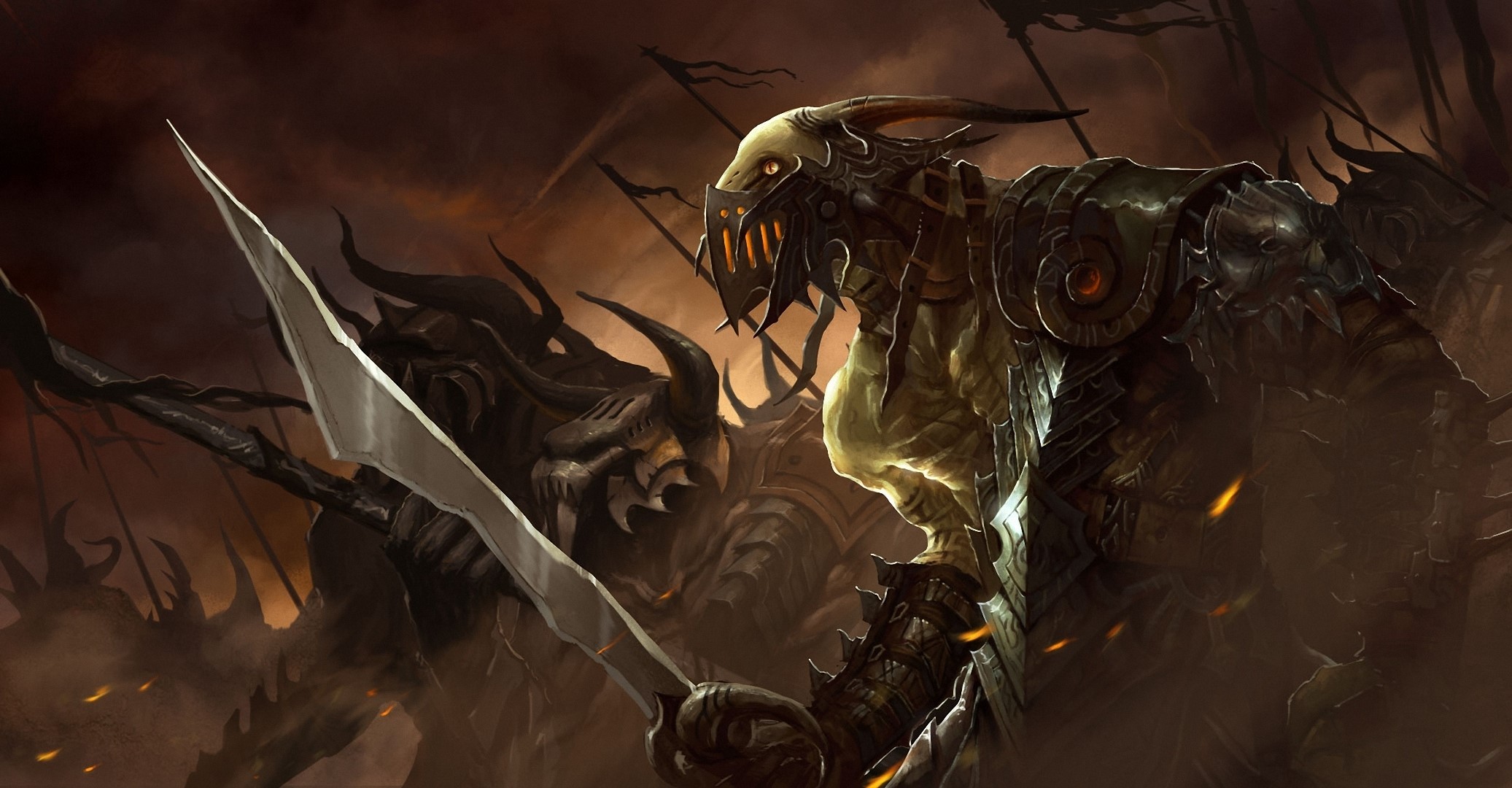Monsters in armor with swords in battle HD Wallpaper