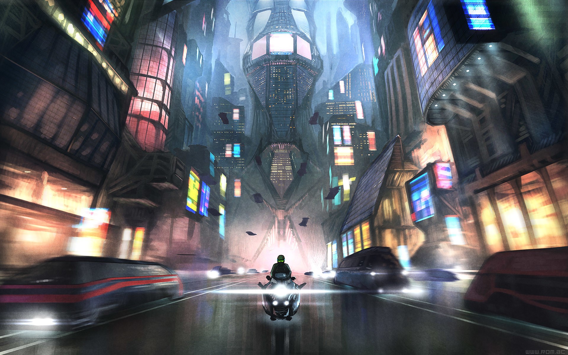 Futuristic city street with a motorcycle rider HD Wallpaper
