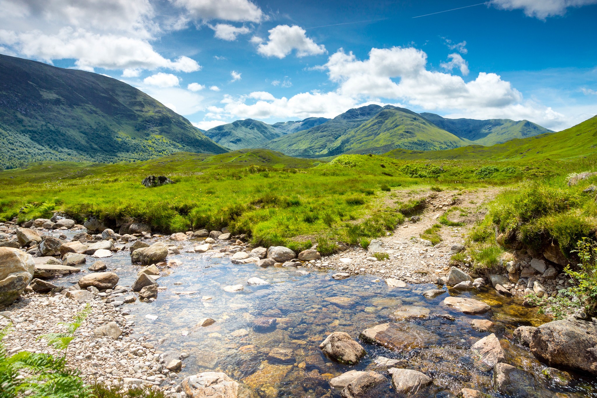 Green Scottish Highlands with a rocky stream HD Wallpaper