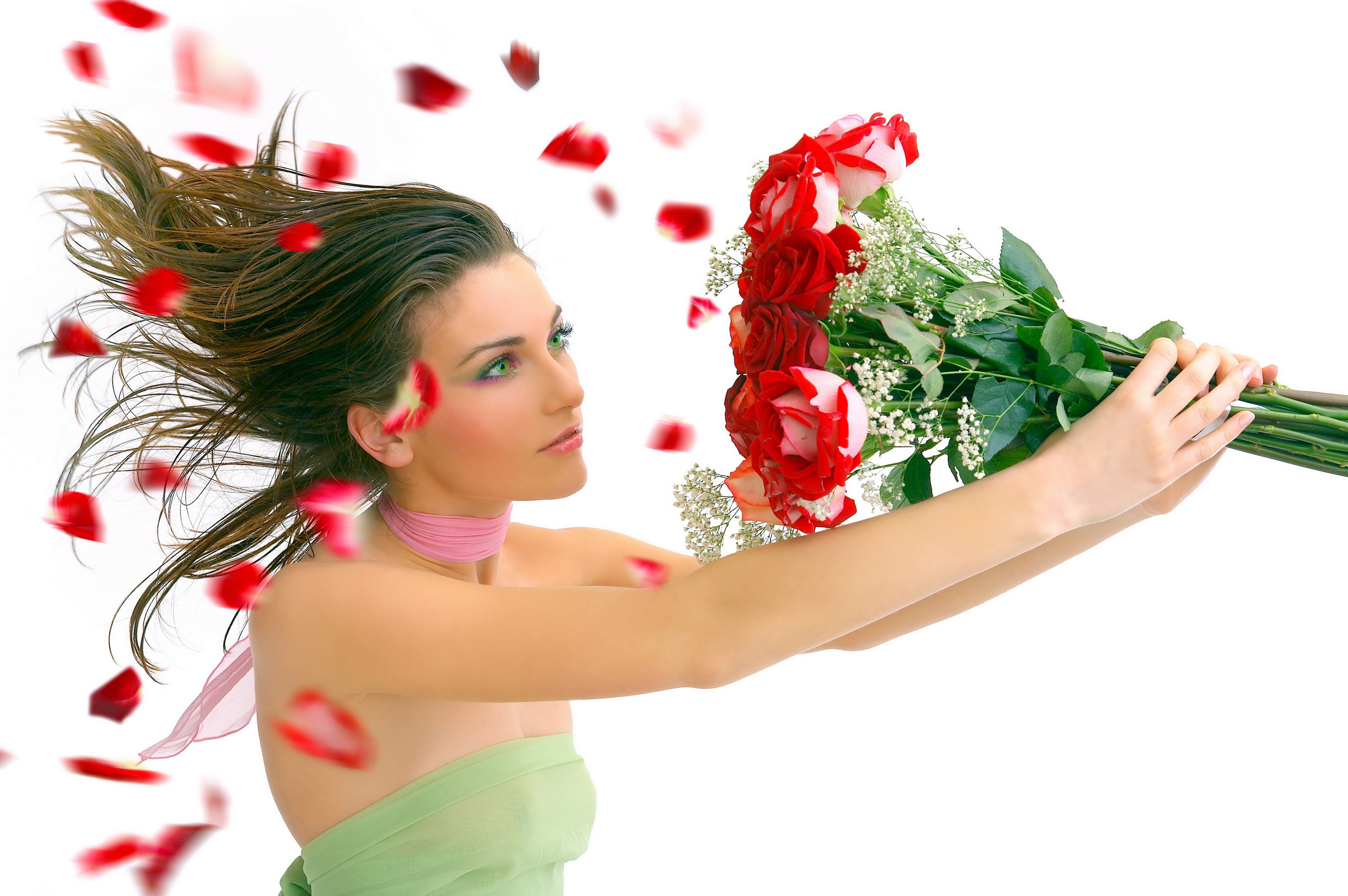 Woman with Roses and Falling Petals HD Wallpaper