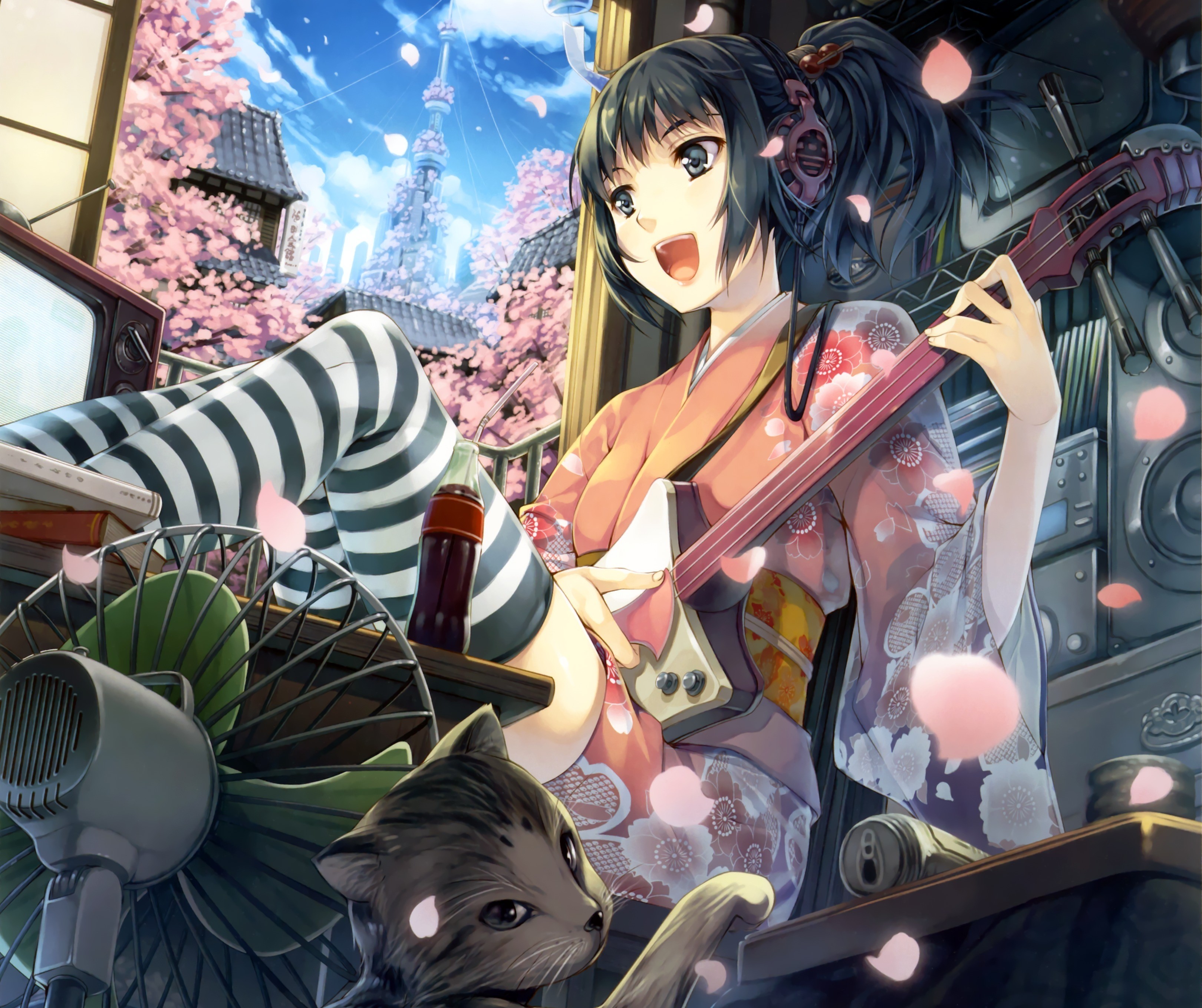 Girl in Kimono Playing Guitar with Cat and Cherry Blossoms HD Wallpaper