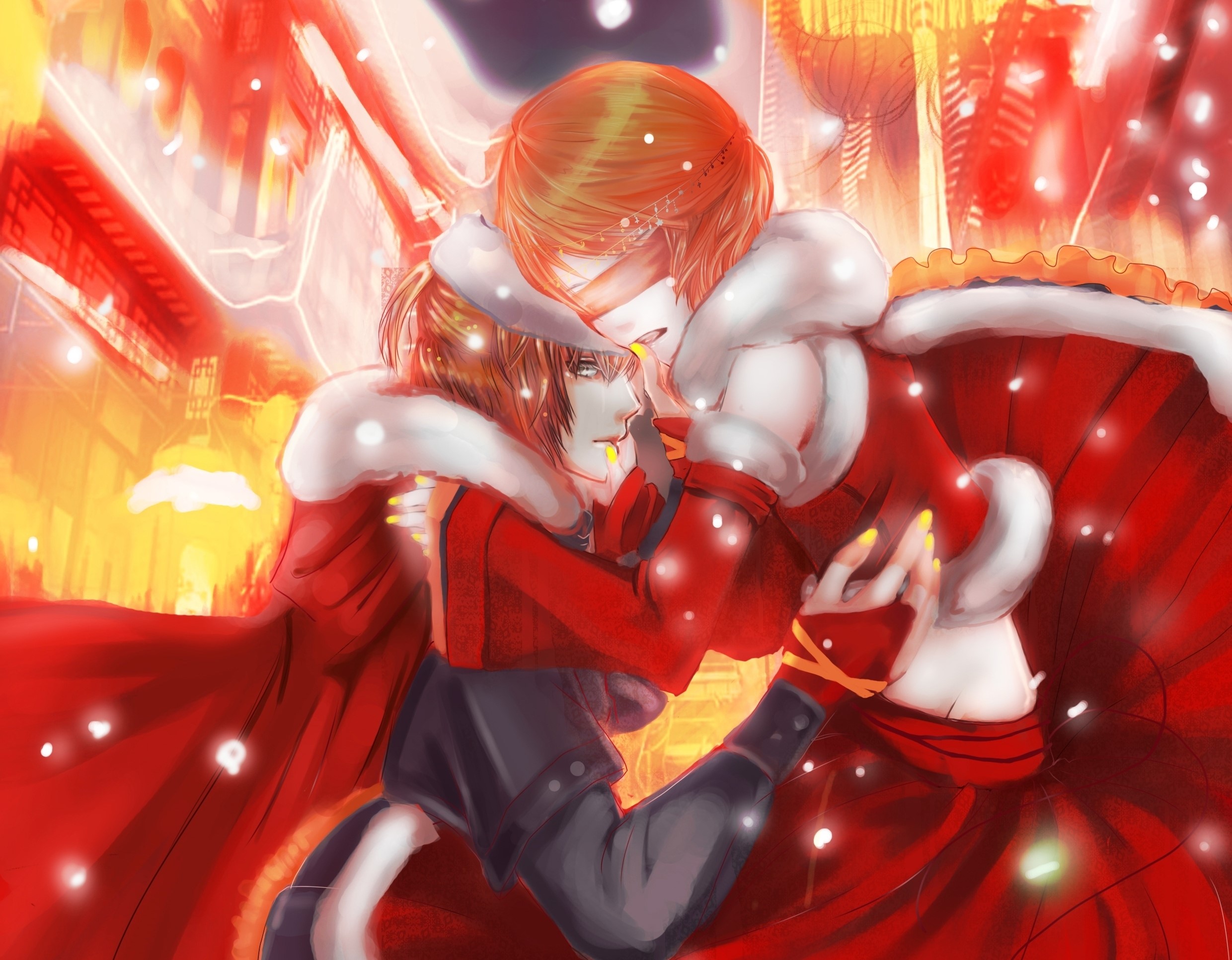 Couple hugging in red outfits with snow HD Wallpaper