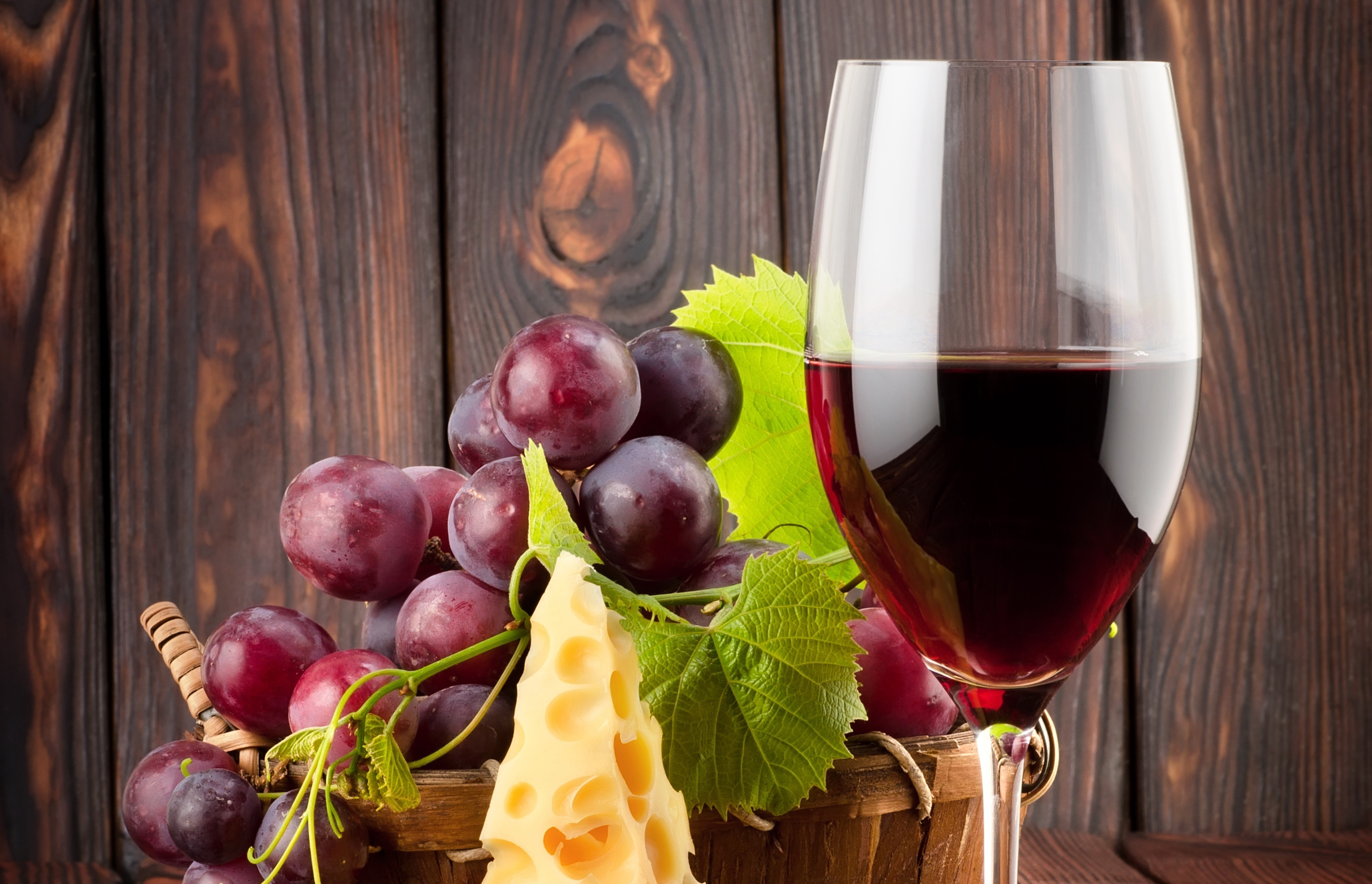 Still-life of red wine, grapes, and cheese HD Wallpaper