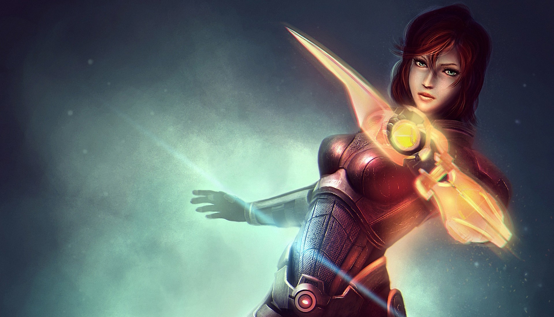 Female warrior with glowing weapon from Mass Effect HD Wallpaper