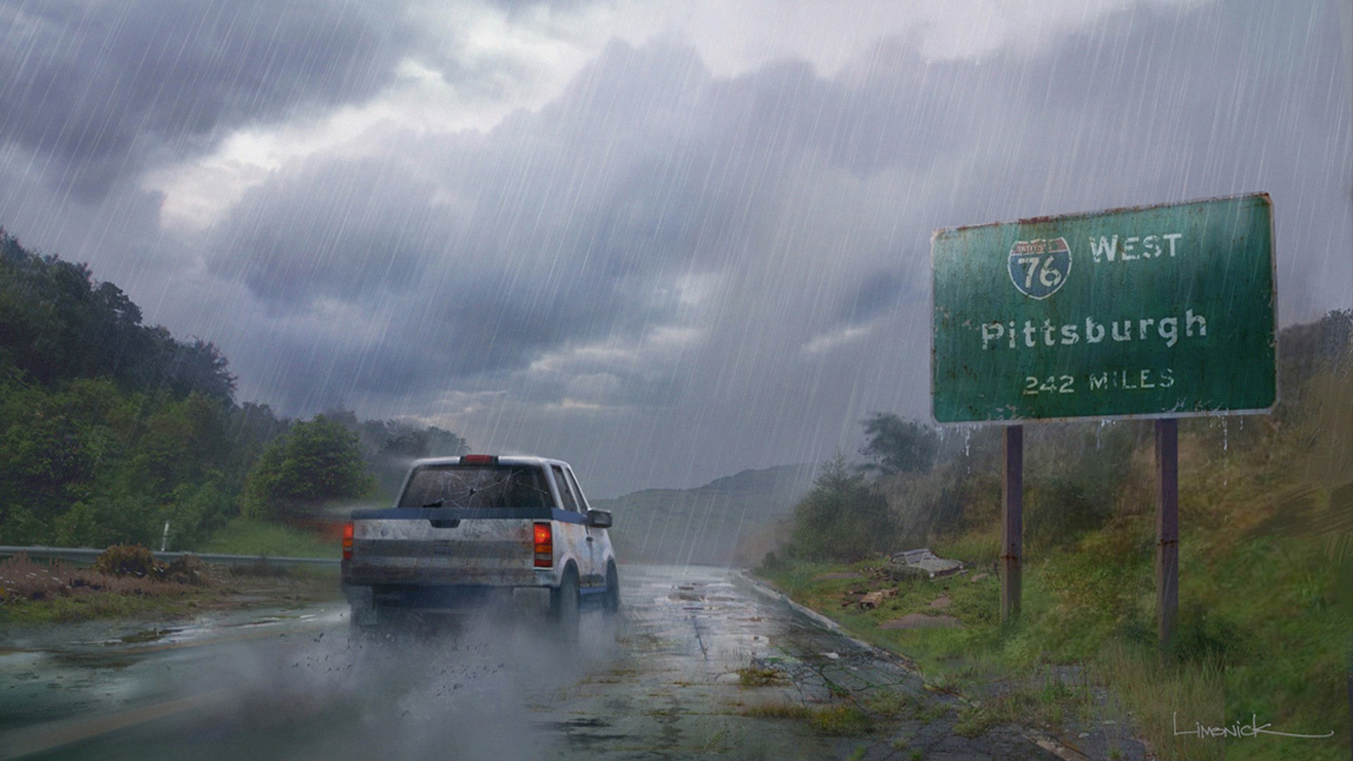 The Last of Us: Pittsburgh Road Sign in Rain HD Wallpaper