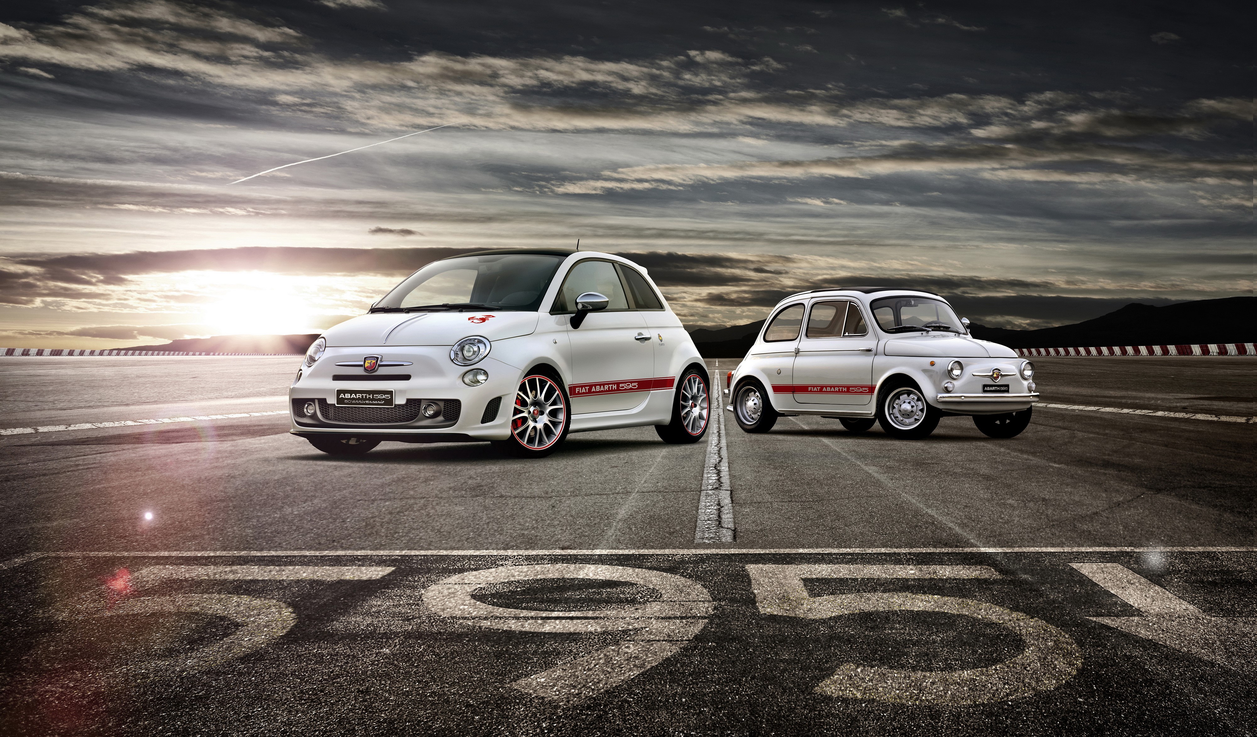 4K 2013 Abarth 595 on Asphalt with Clouds HD Wallpaper