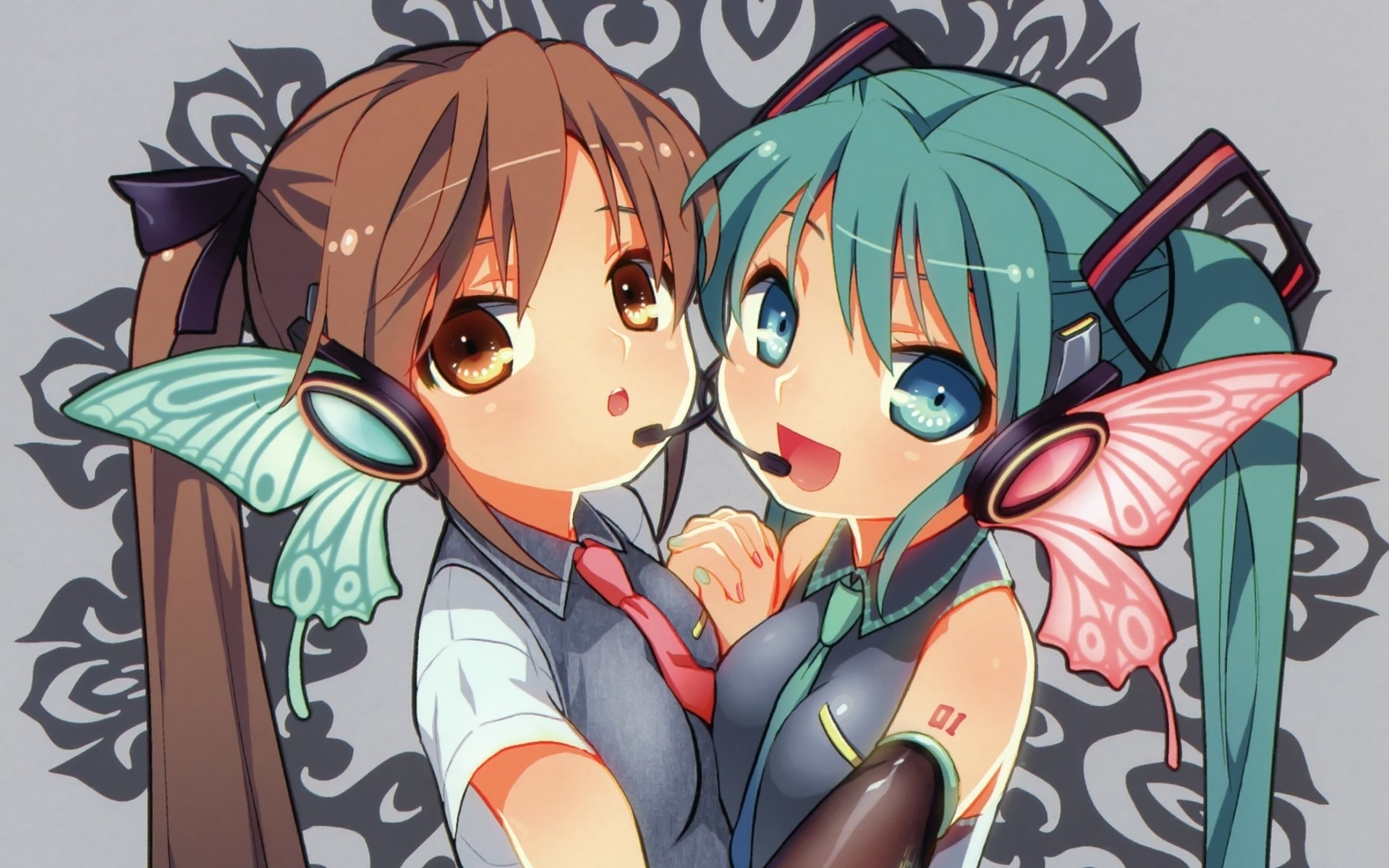 Two anime girls with headphones and butterfly wings HD Wallpaper
