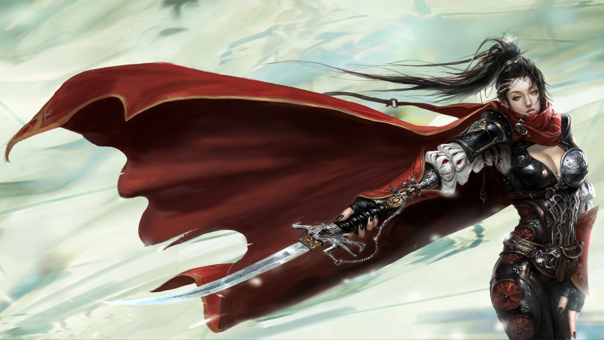 Warrior woman with red cloak and sword HD Wallpaper