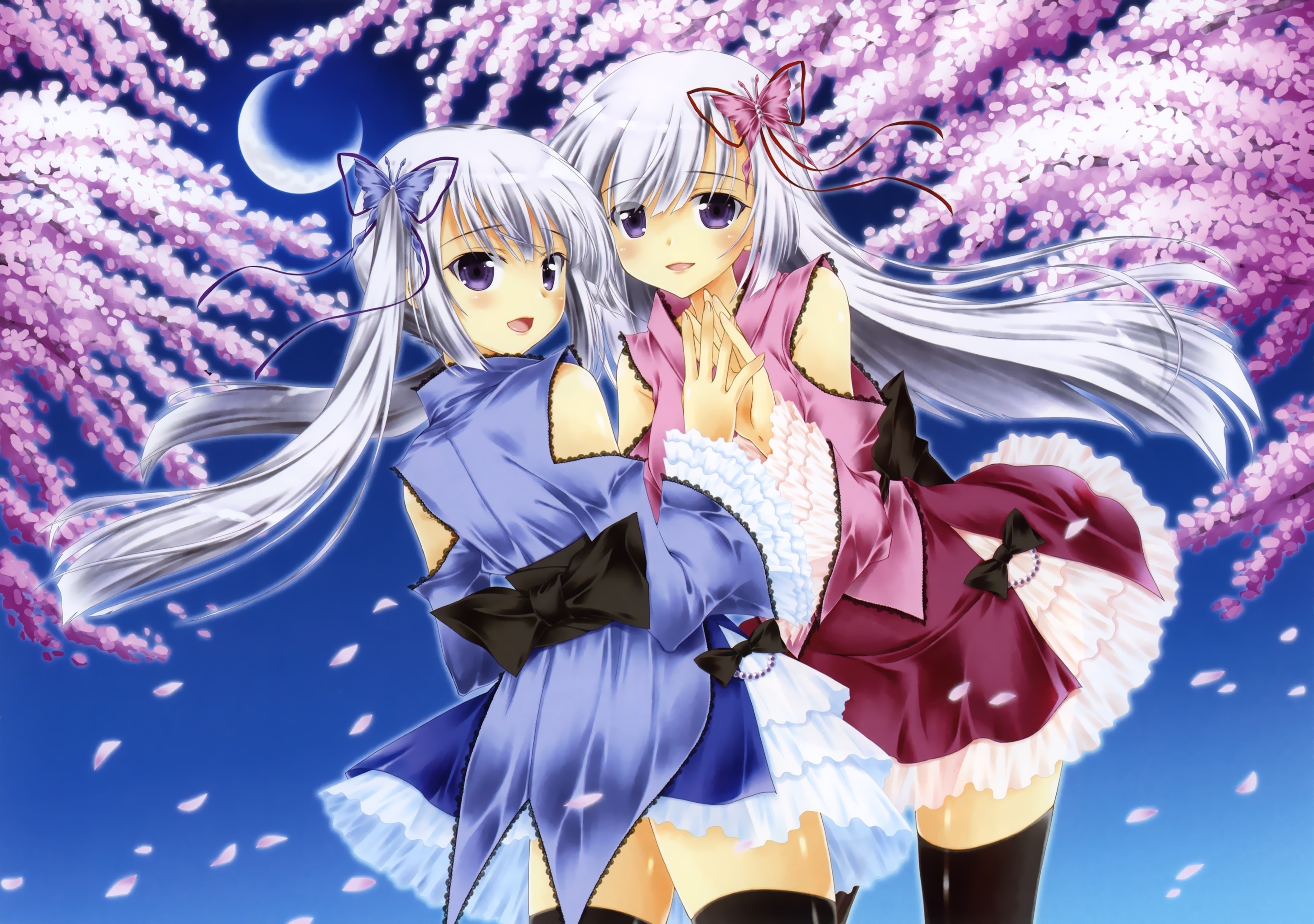 Two anime girls in dresses under flowering trees HD Wallpaper