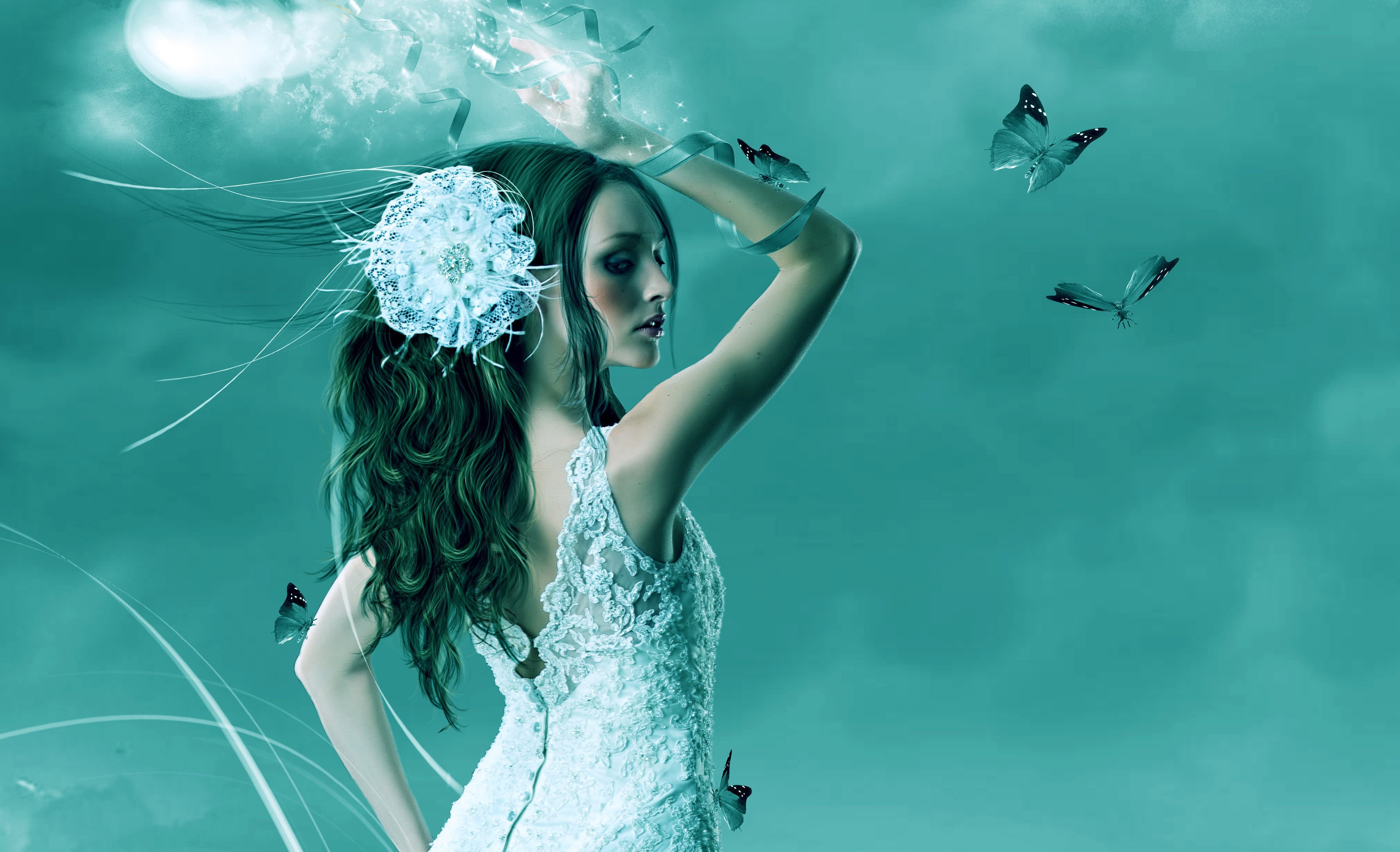 Woman in white dress with butterflies HD Wallpaper
