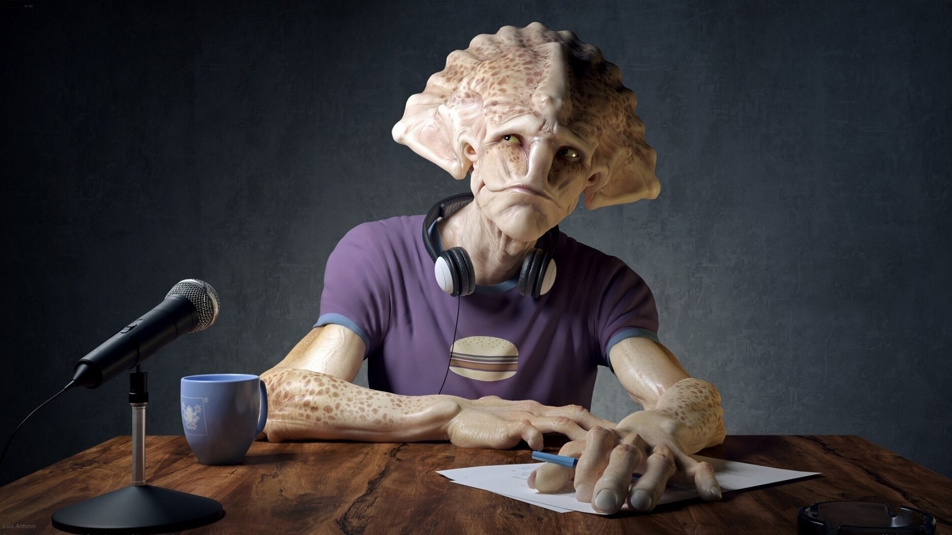 Alien sitting at a table with headphones and microphone HD Wallpaper