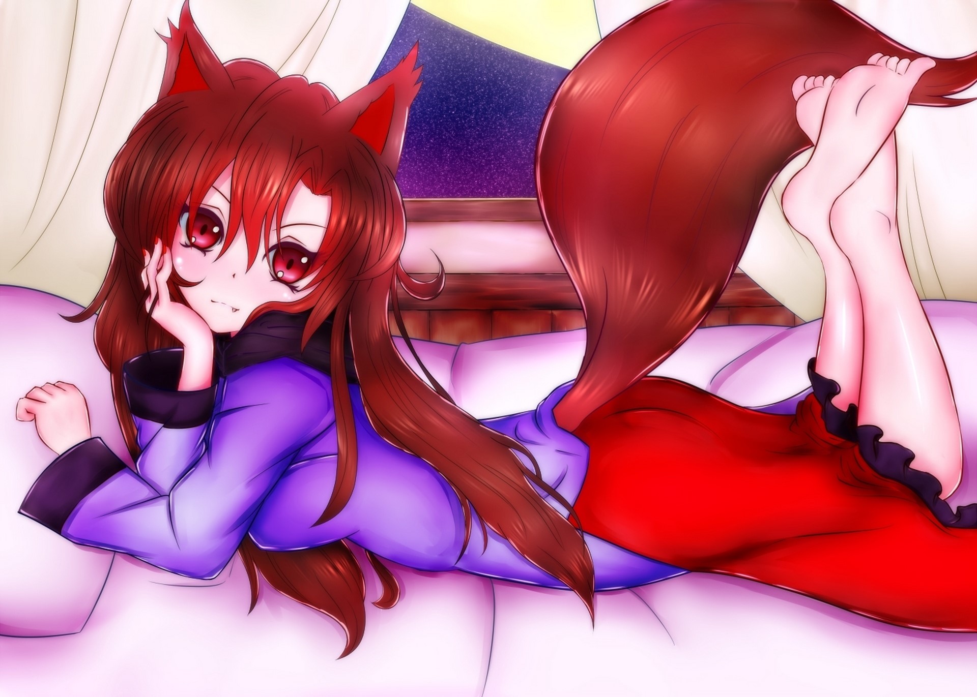 Kitsune girl with red hair and tail lying down HD Wallpaper