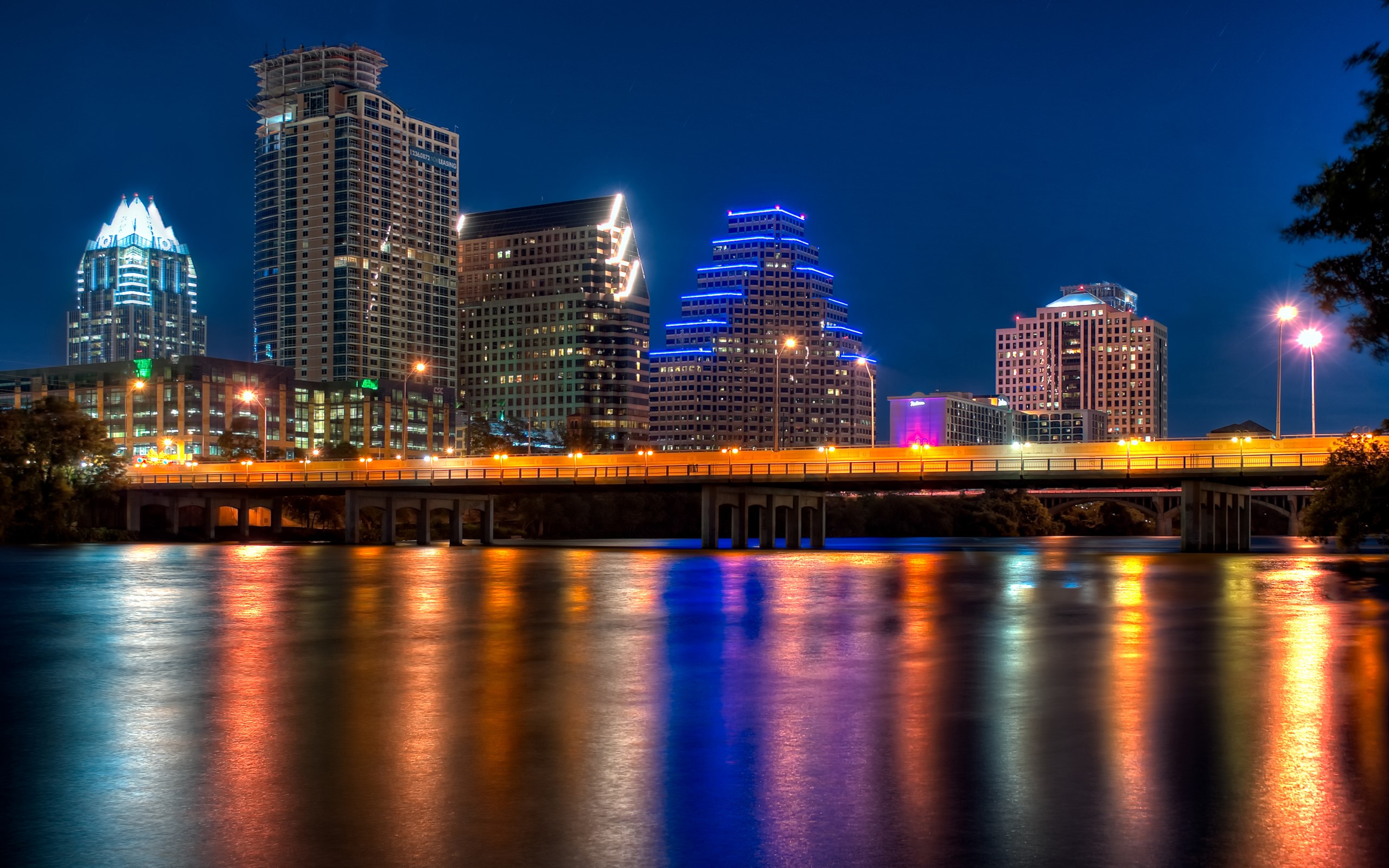 Austin Skyline at Night with River Reflections HD Wallpaper