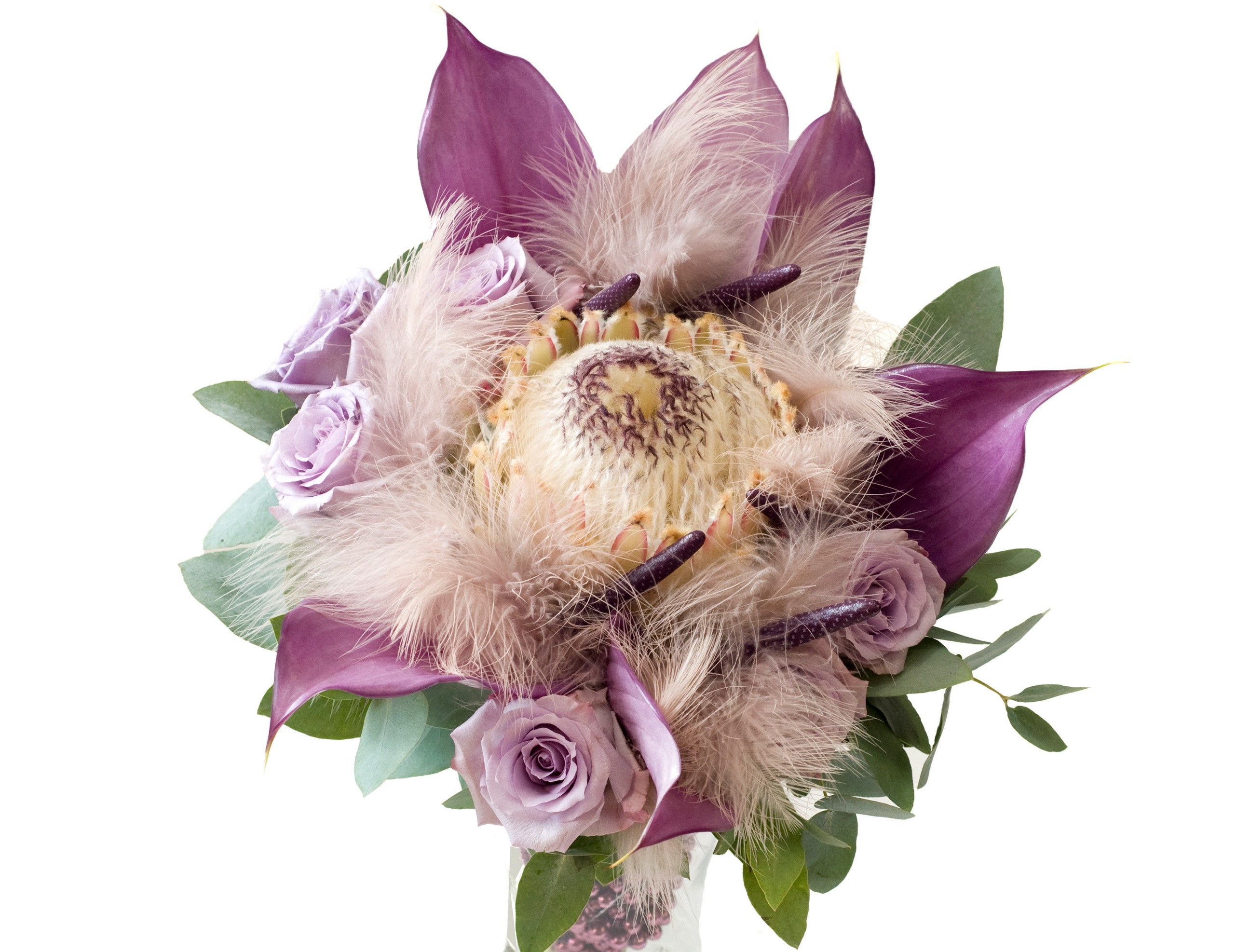 Purple and beige floral arrangement with feathers HD Wallpaper