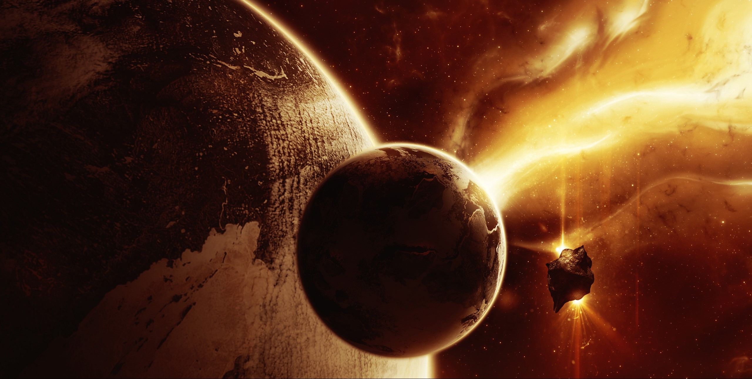 Planets and asteroid in space with nebula HD Wallpaper