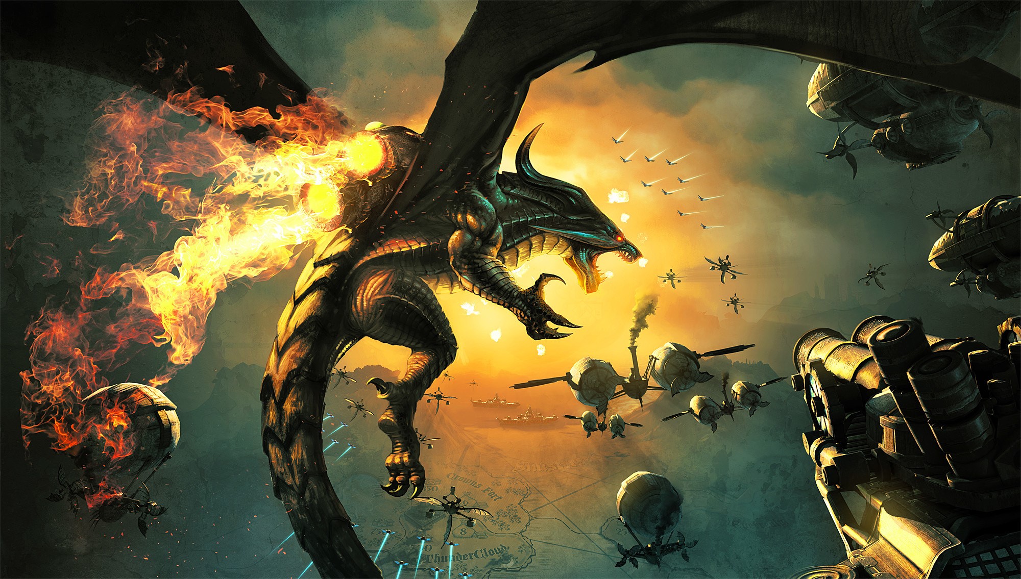 Dragon breathing fire on steampunk airships and aircraft HD Wallpaper