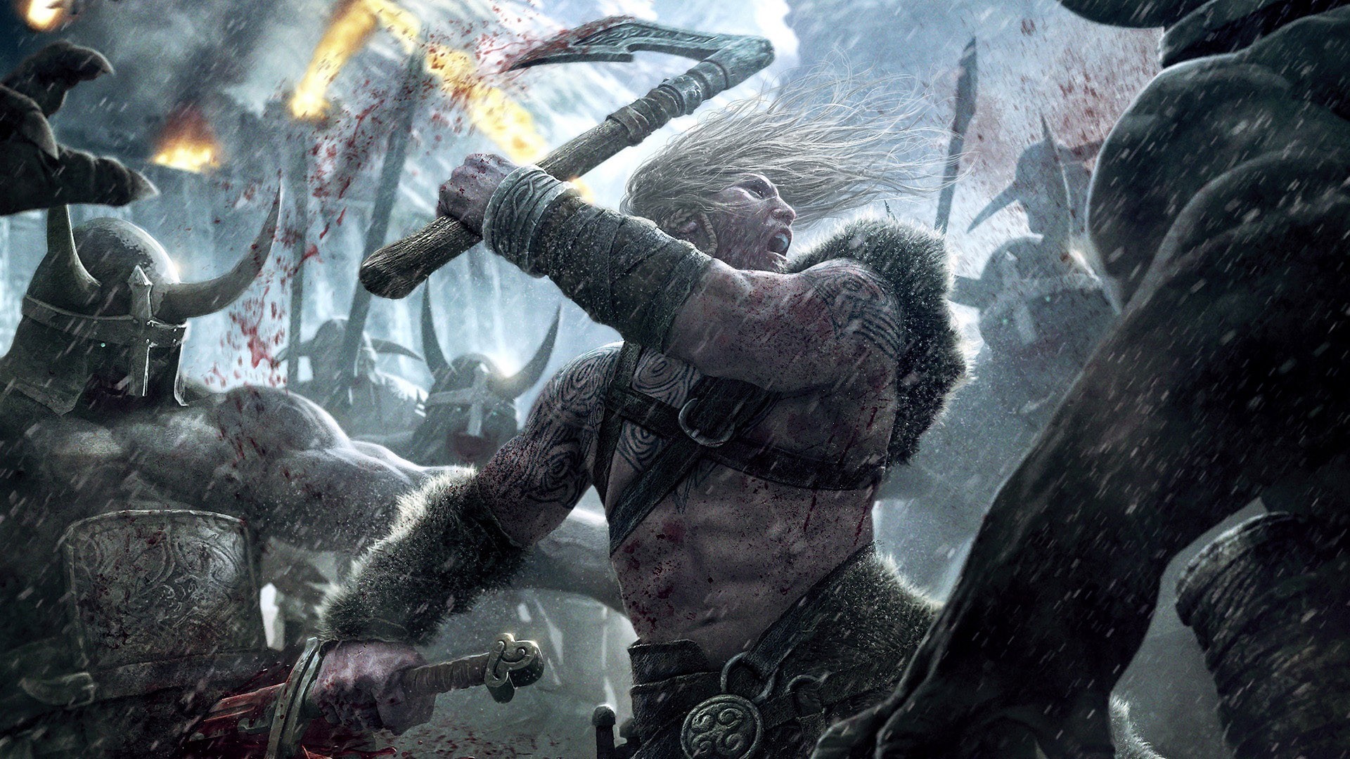 Viking warrior in battle with axes and swords HD Wallpaper