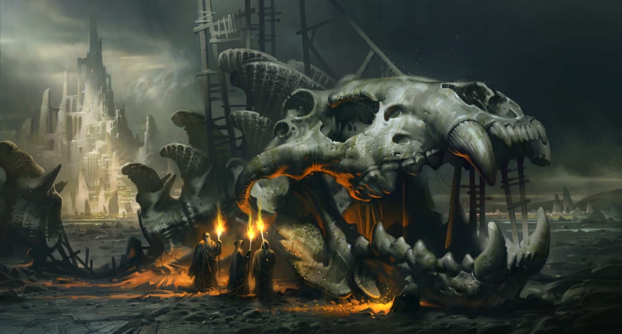 Figures with Torches near Giant Skeleton Skull HD Wallpaper
