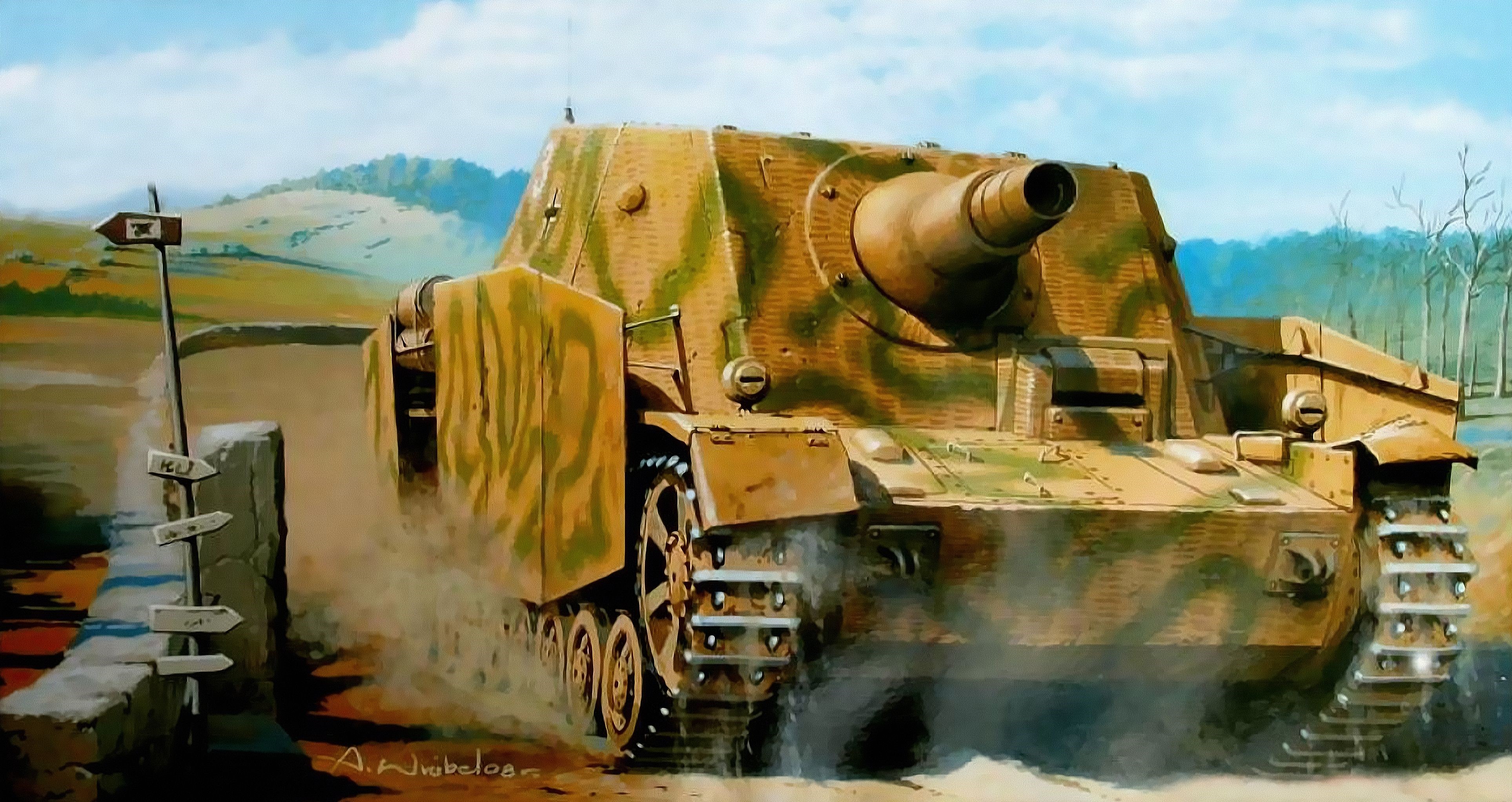 Painting of a German SPG tank in a landscape HD Wallpaper