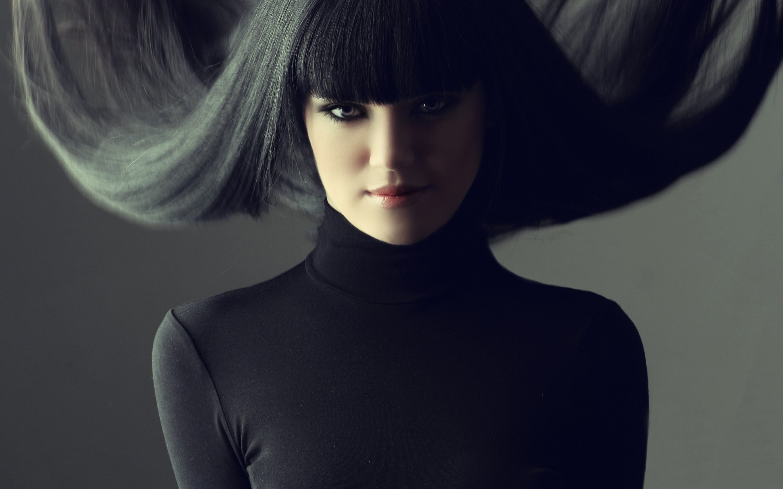 Brunette girl with dark hair and black turtleneck HD Wallpaper