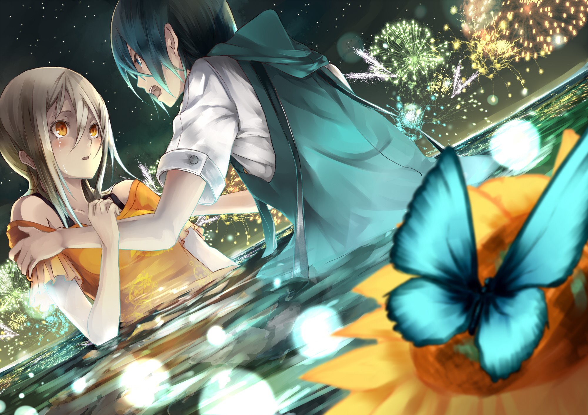 Two anime characters in water with fireworks and butterfly HD Wallpaper