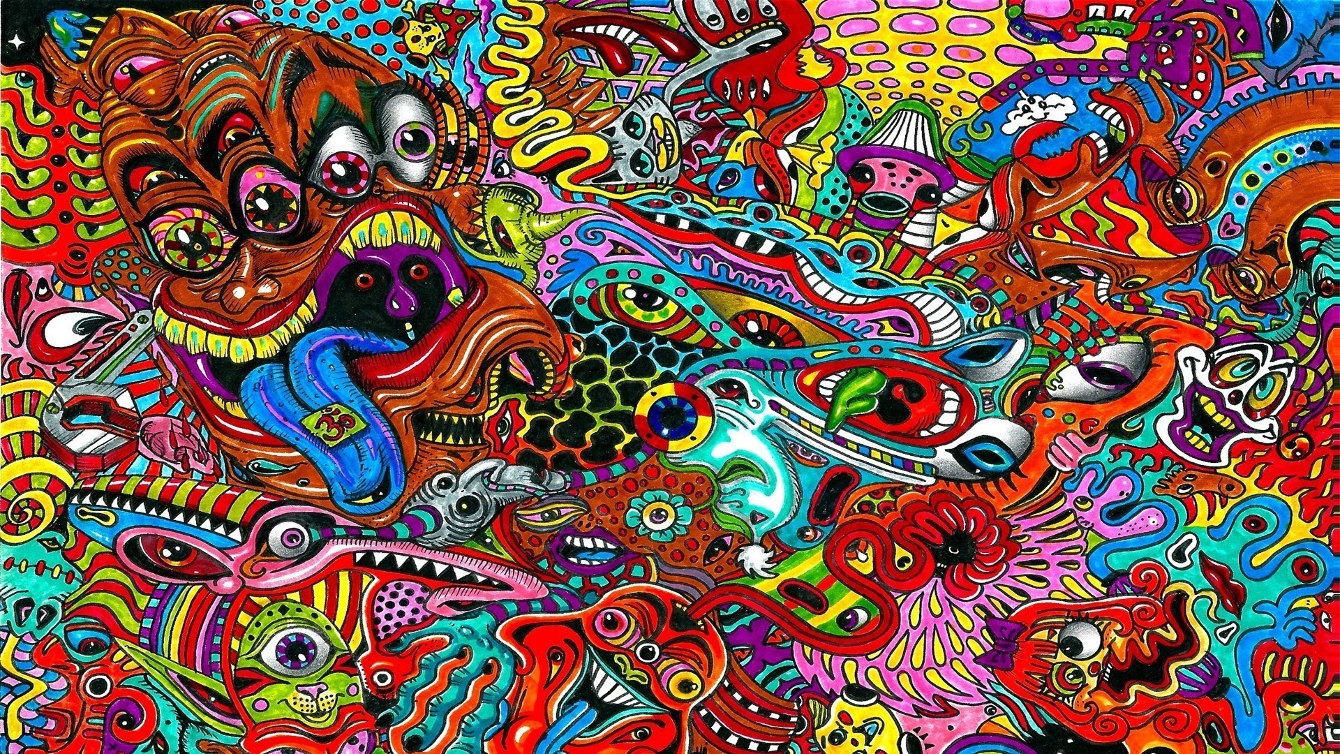 Psychedelic Graffiti Art with Monsters and Eyes HD Wallpaper