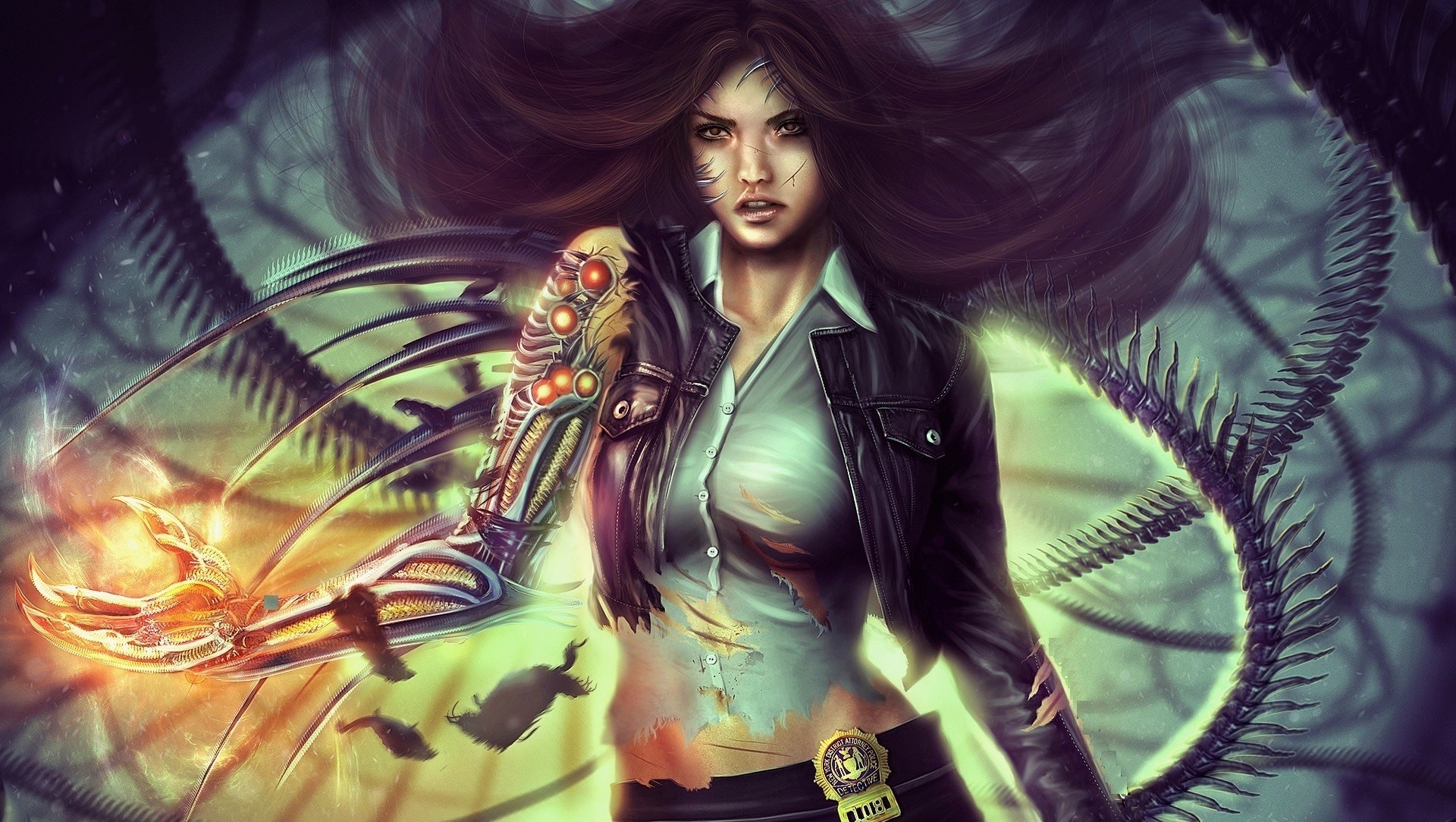 Woman with robotic arm and tail HD Wallpaper