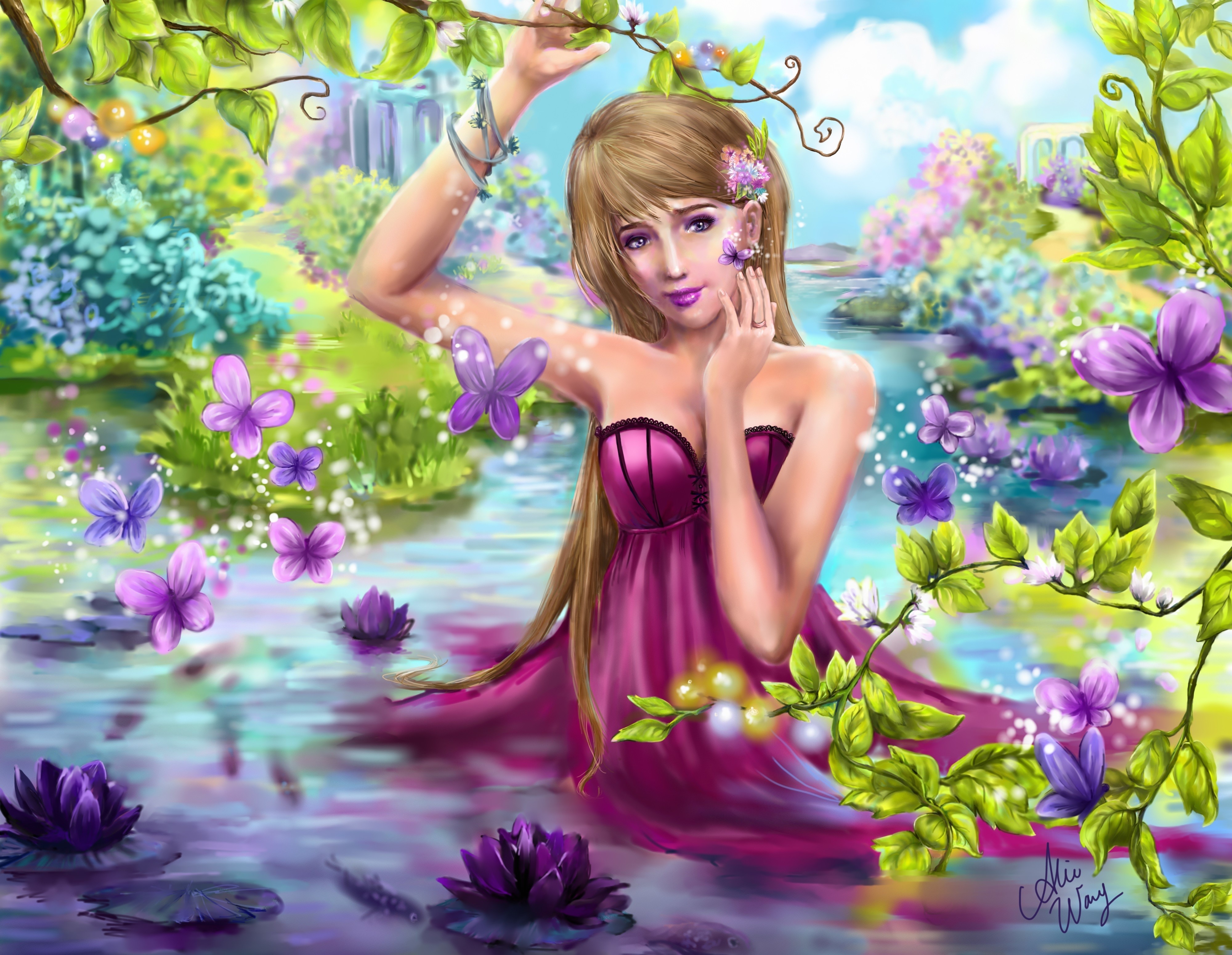 Woman in pink dress in a pond with butterflies and water lilies HD Wallpaper