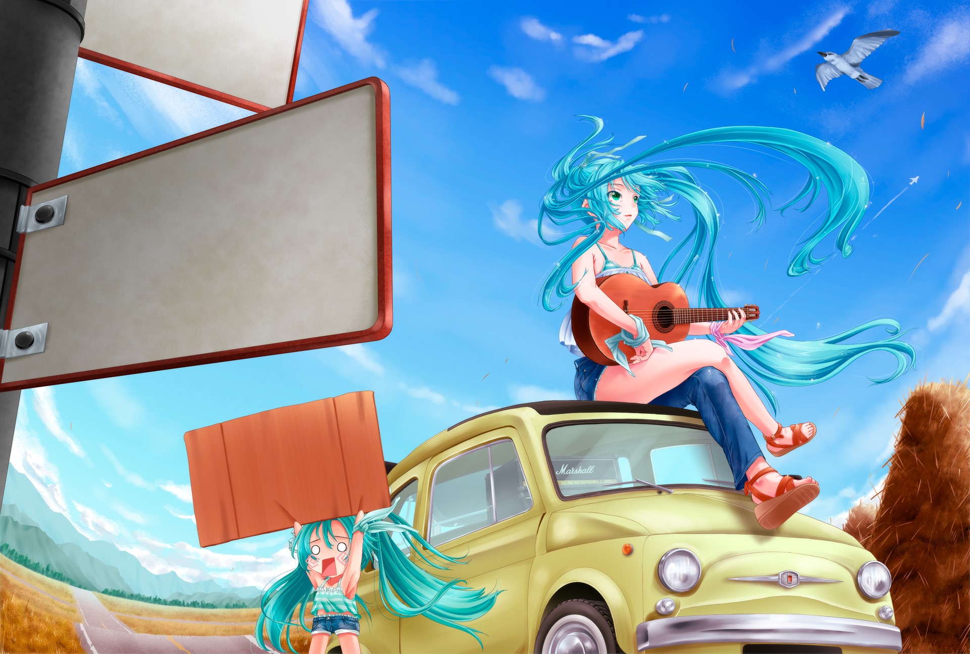 Hatsune Miku with Guitar on a Car HD Wallpaper