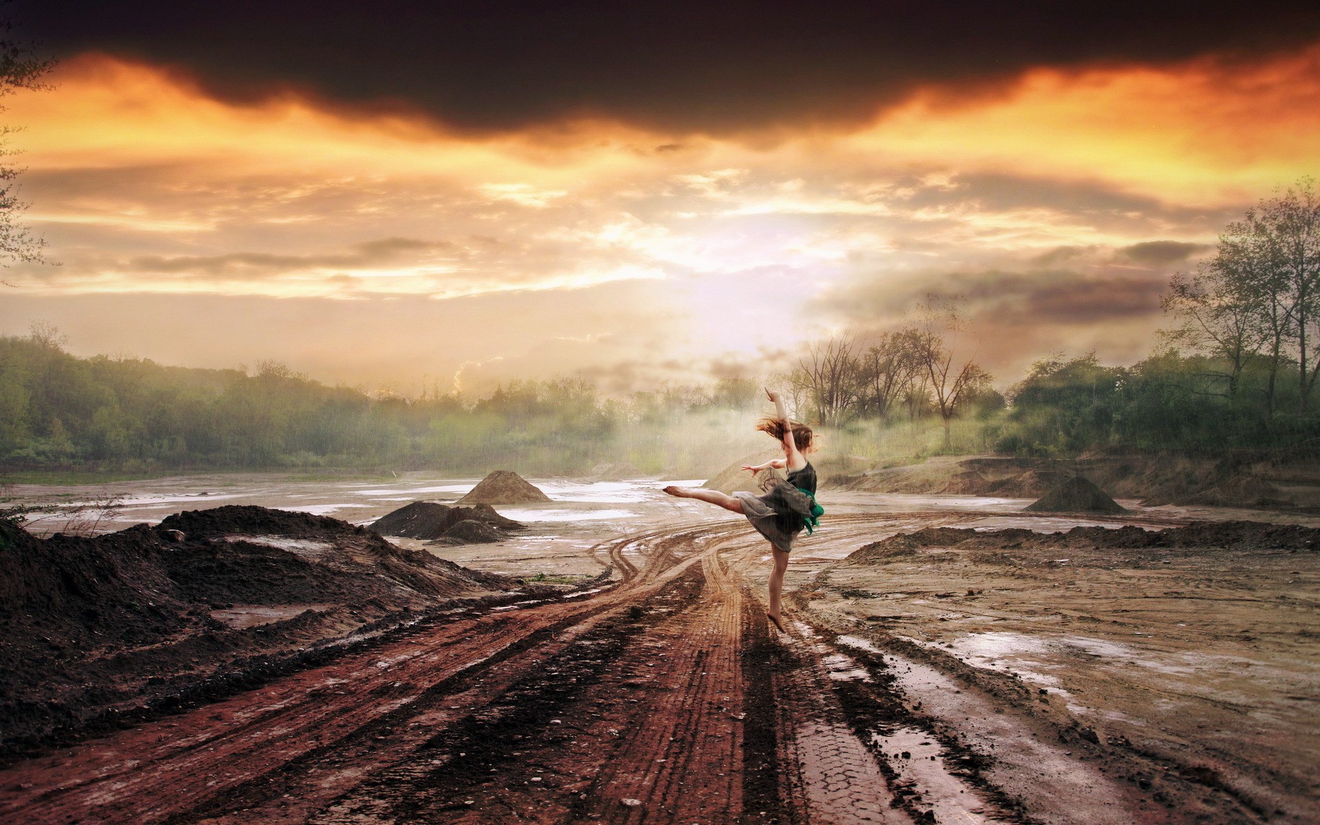 Ballerina dancing on a muddy road at sunset HD Wallpaper