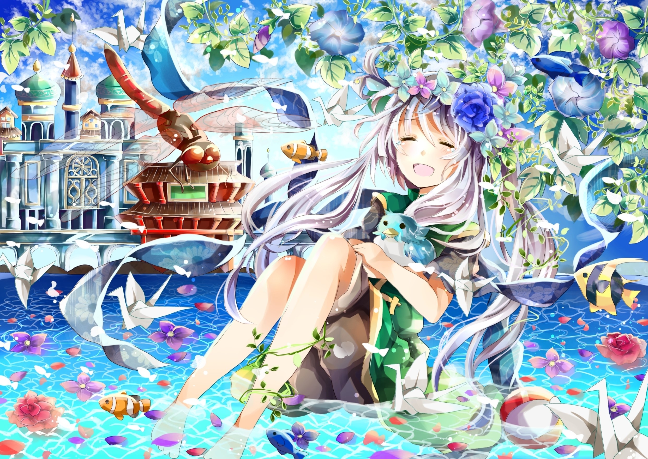 Anime girl with white hair holding a bird in a pond HD Wallpaper