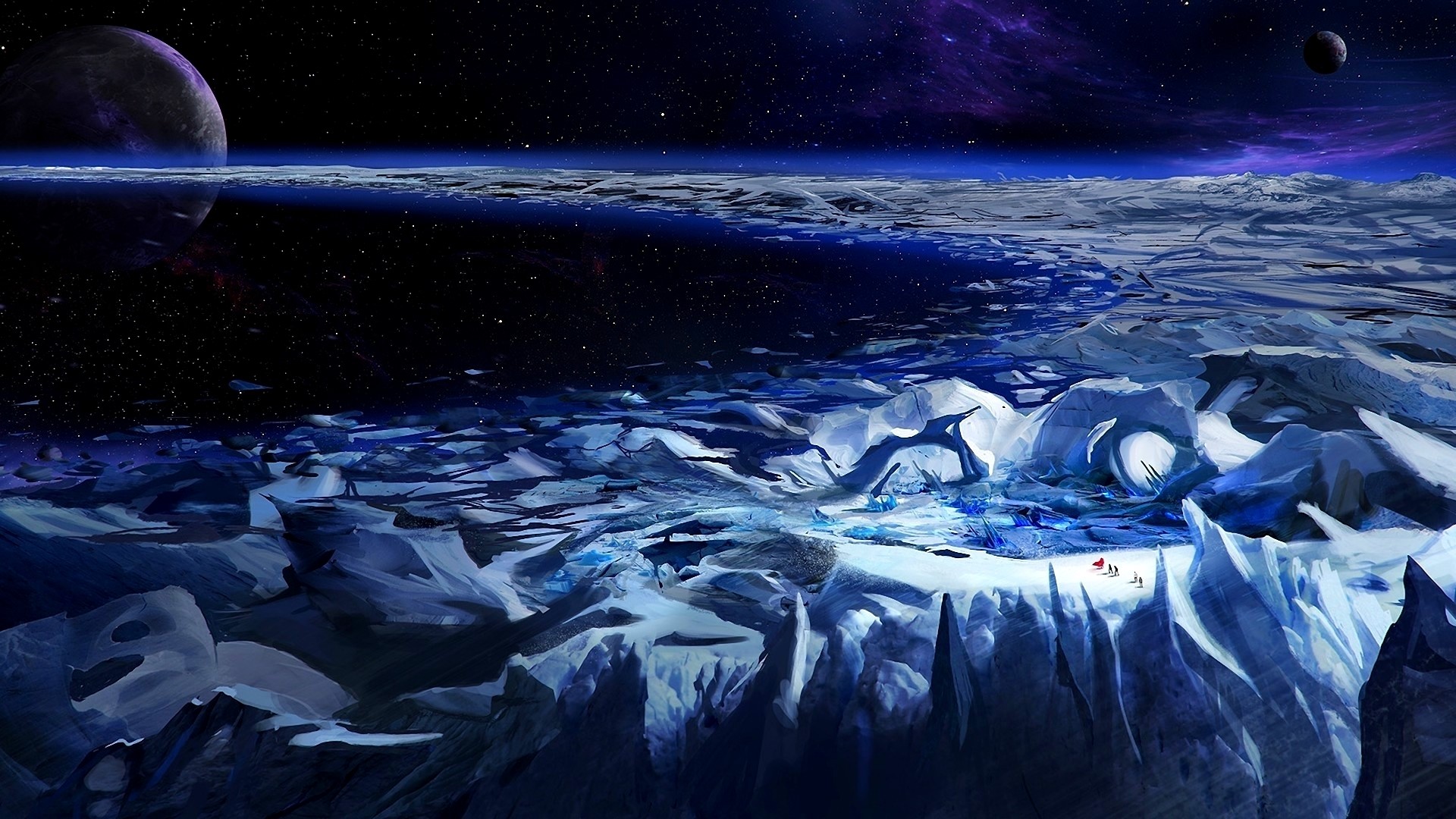 Alien planet landscape with ice formations and planets in the sky HD Wallpaper