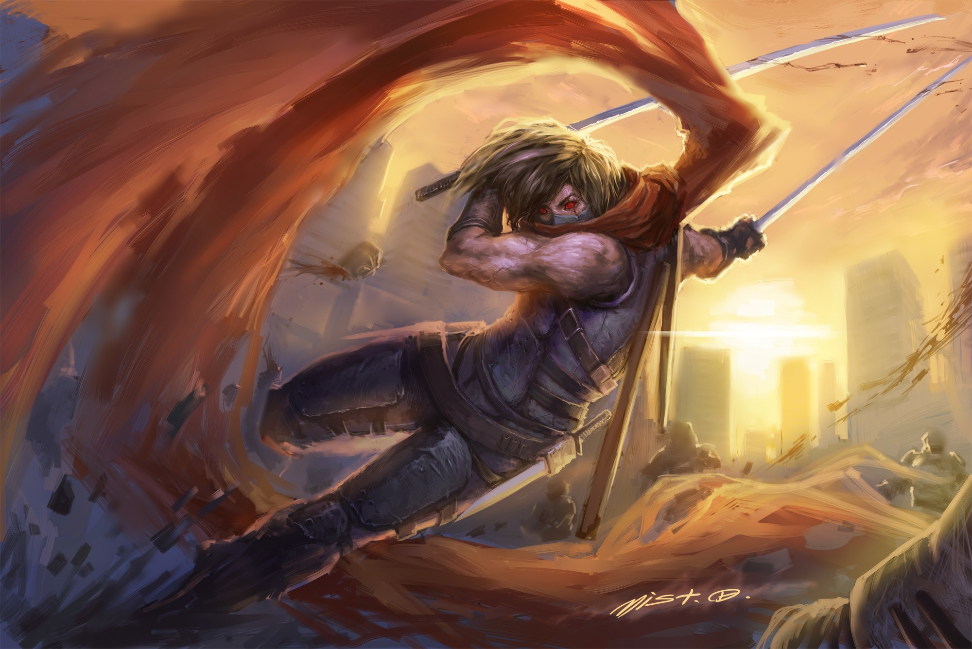 Ninja with swords and red cloak in a ruined city HD Wallpaper