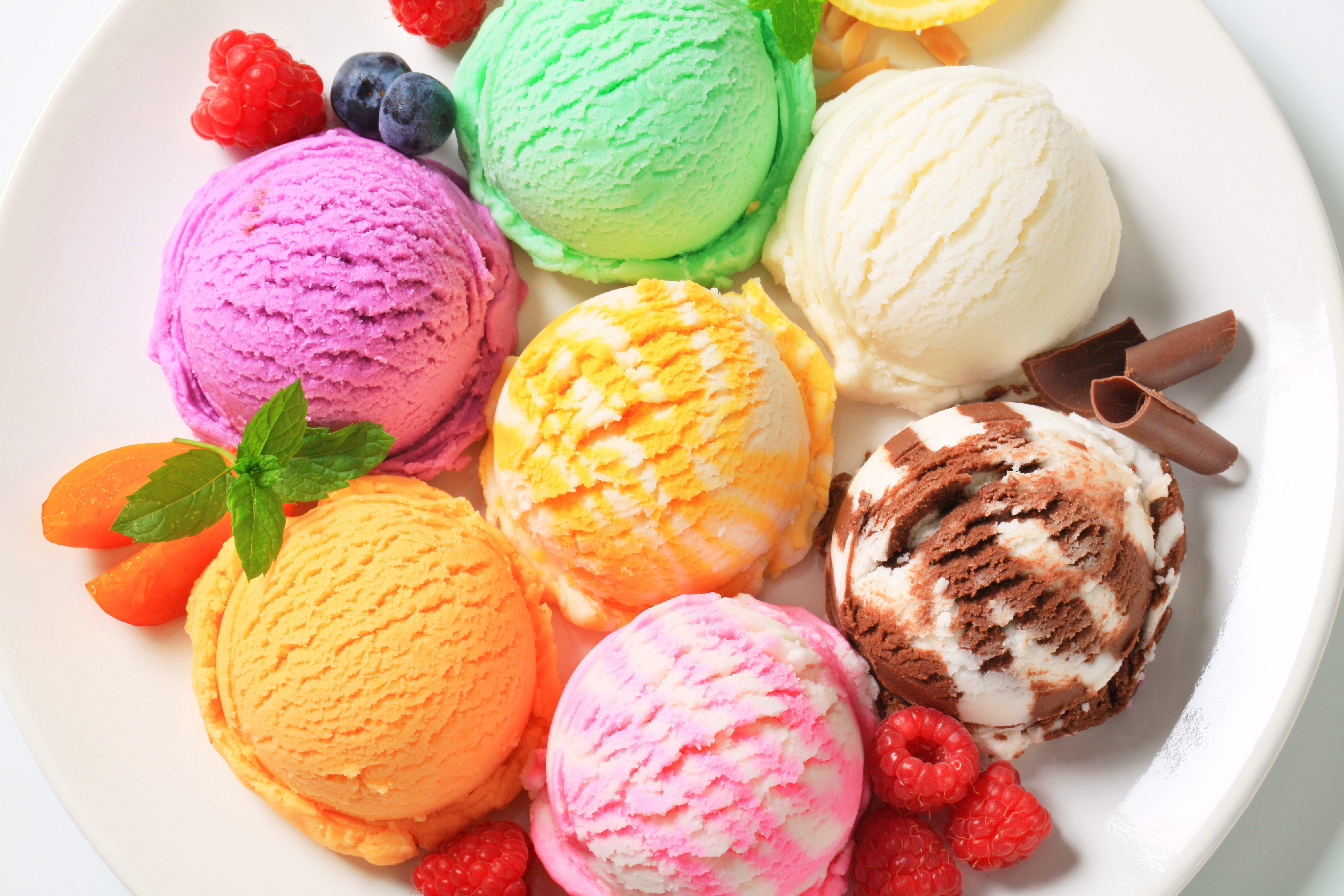 Assortment of Ice Cream Scoops with Berries and Fruit HD Wallpaper