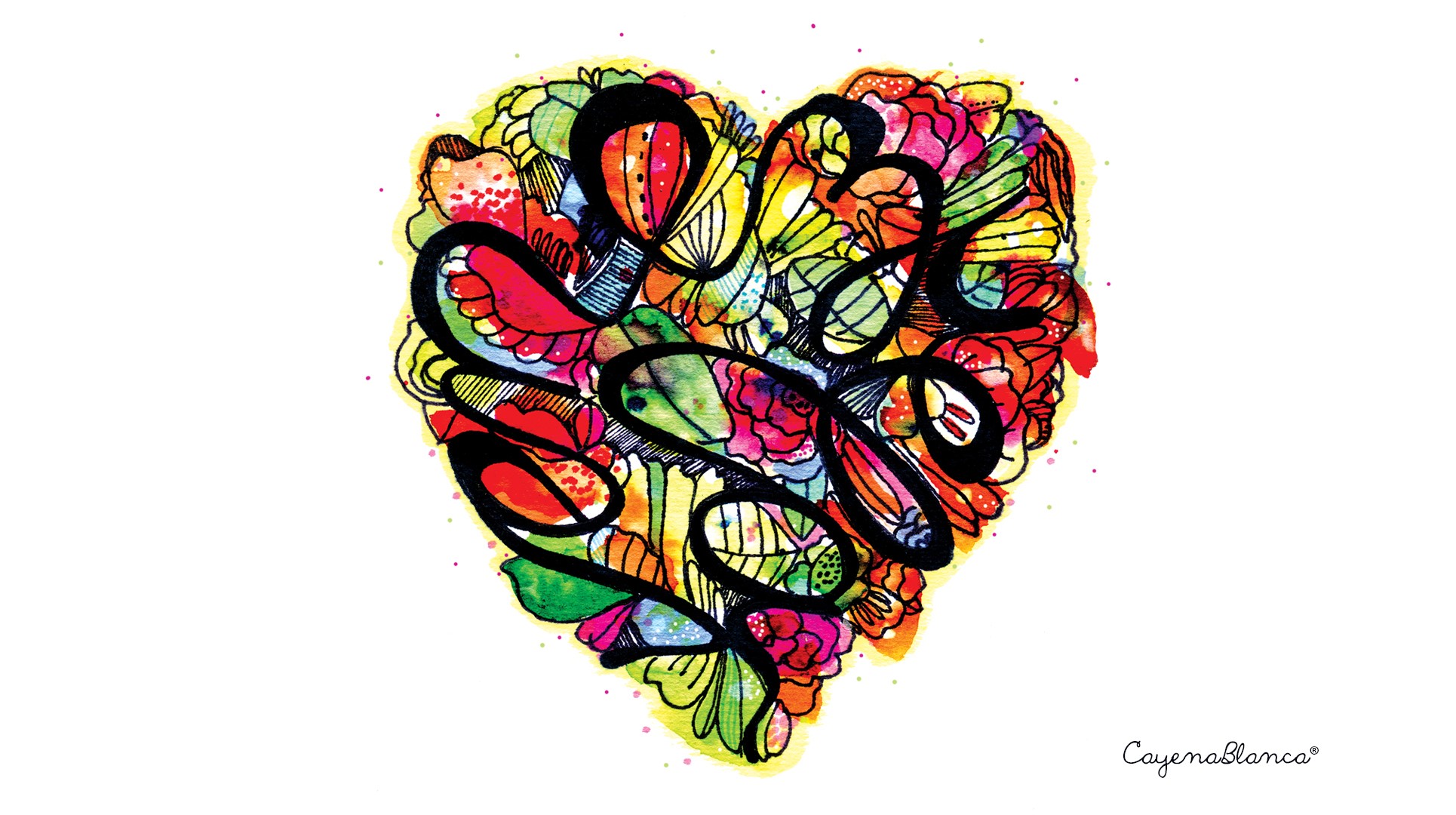 Heart shape doodle art with colorful watercolor splashes HD Wallpaper