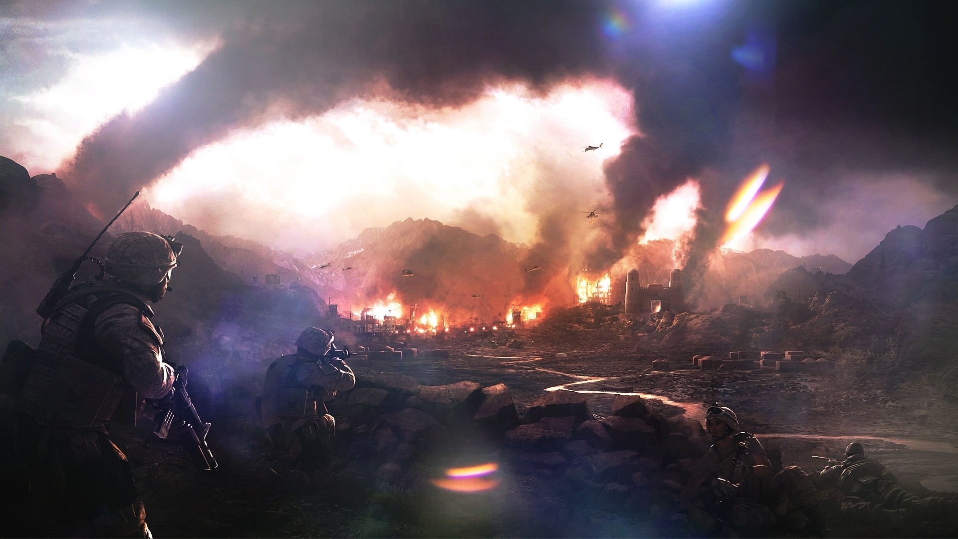 Soldiers in a burning town with smoke and helicopters HD Wallpaper