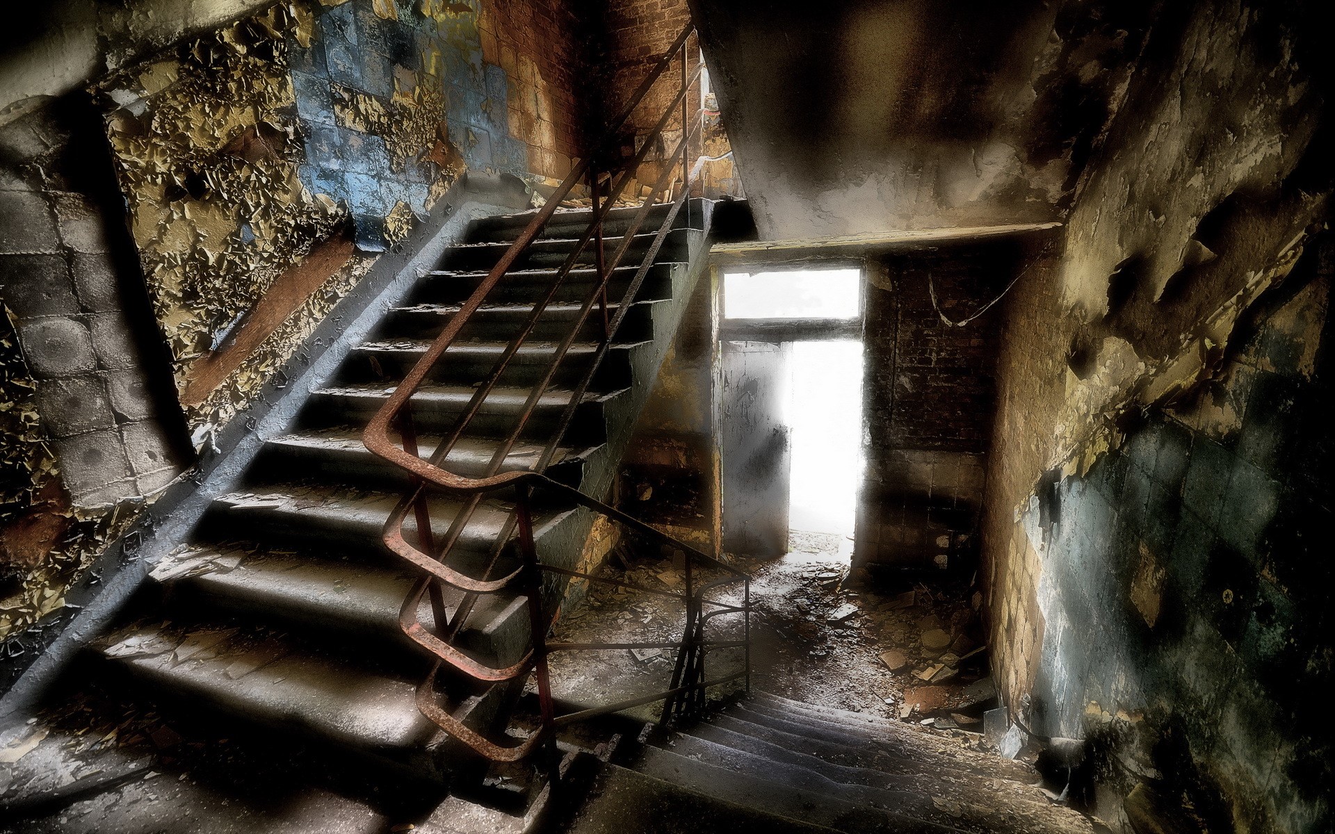 Abandoned staircase with peeling paint and debris HD Wallpaper
