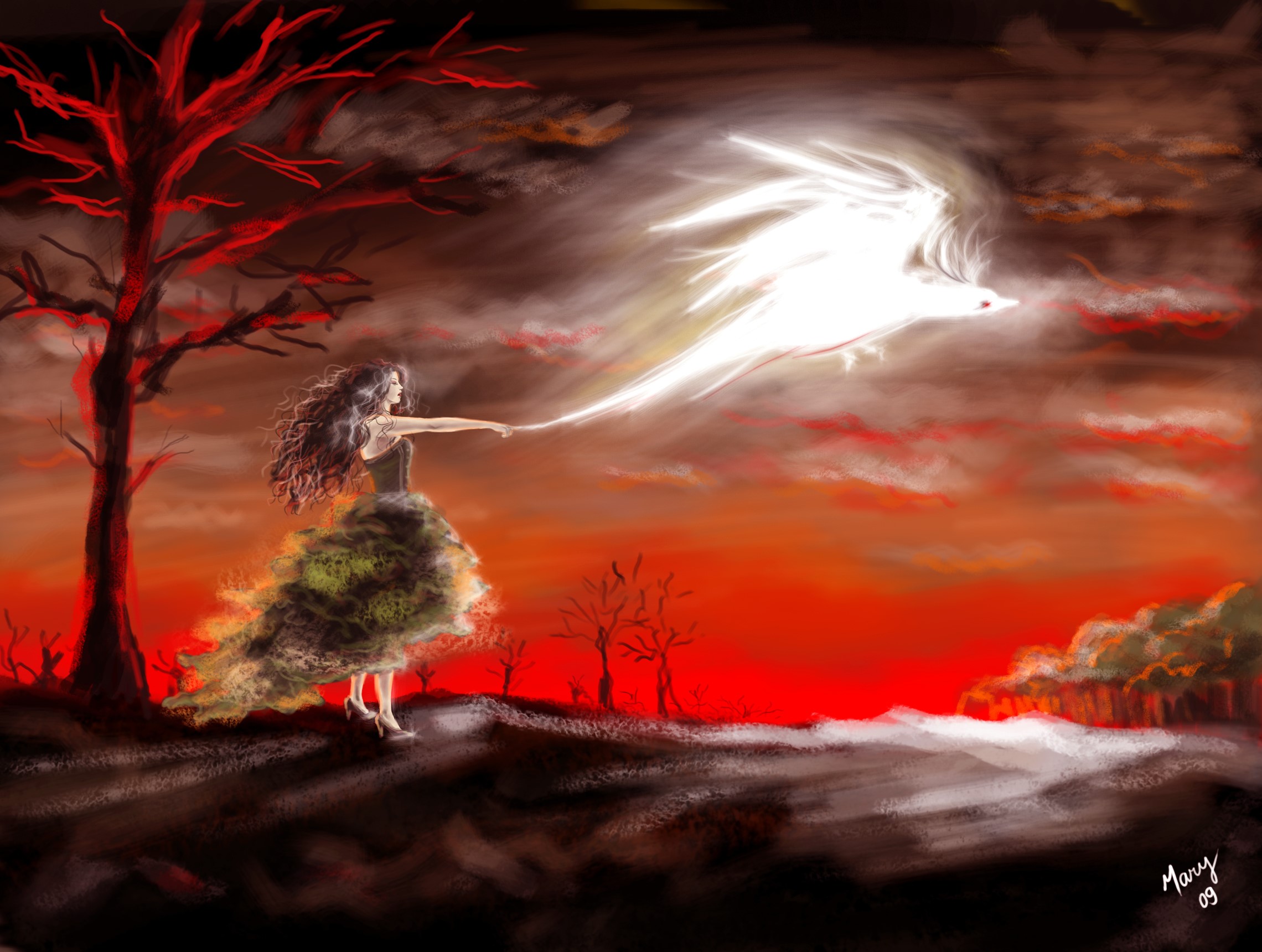 Woman releasing a glowing bird in a dark landscape HD Wallpaper